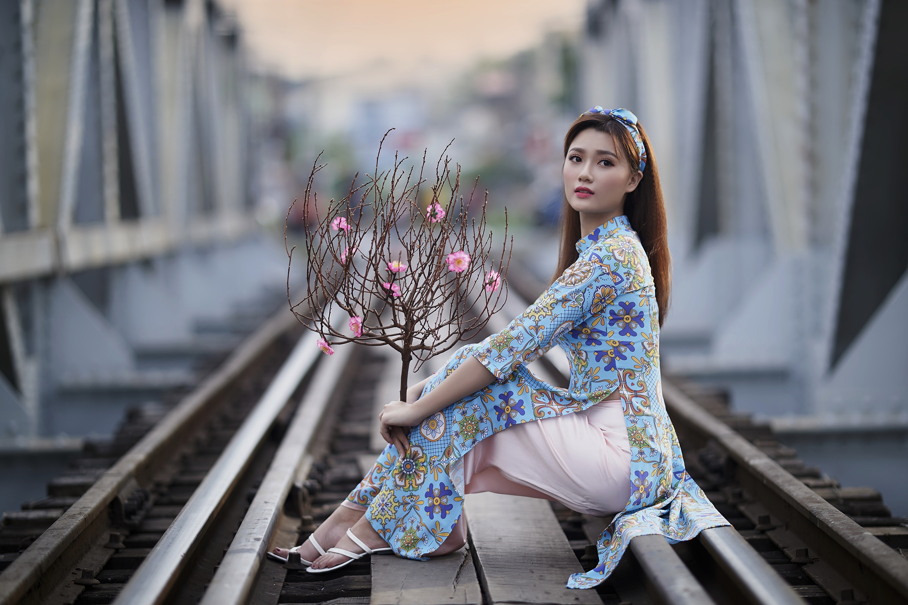 Asian Model Women Long Hair Dark Hair Depth Of Field Women Outdoors Sitting Railroad Track Barefoot  3840x2560