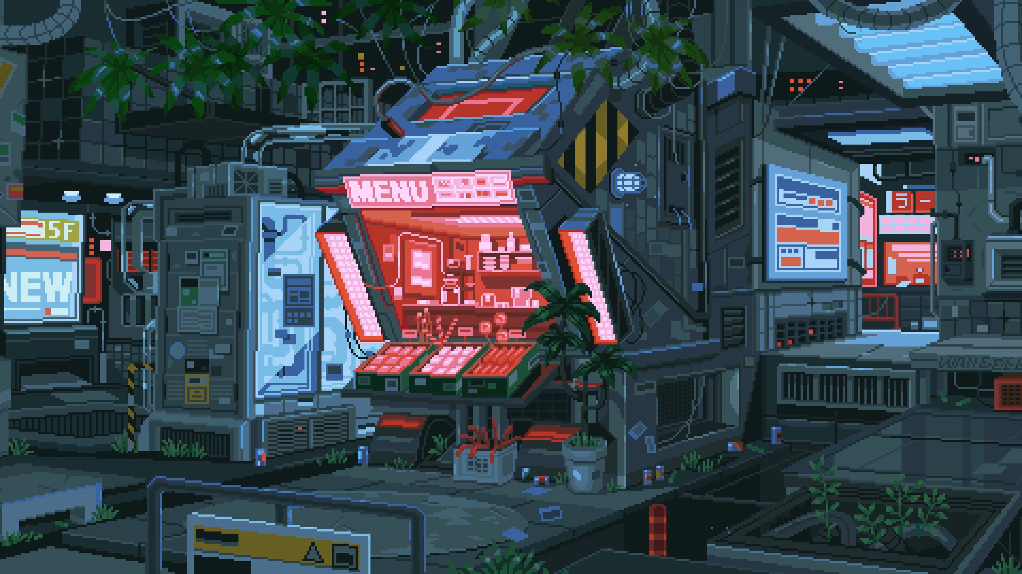 Waneella Pixel Art Cyberpunk City Plants Lights 3360x1890