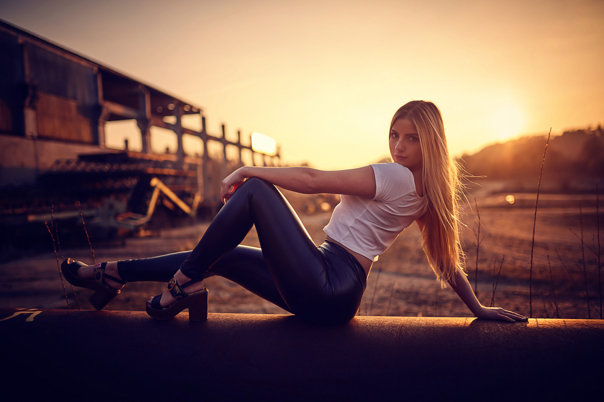 Woman Sitting Blonde Long Hair Brown Eyes High Heels Sunset Depth Of Field 2048x1365