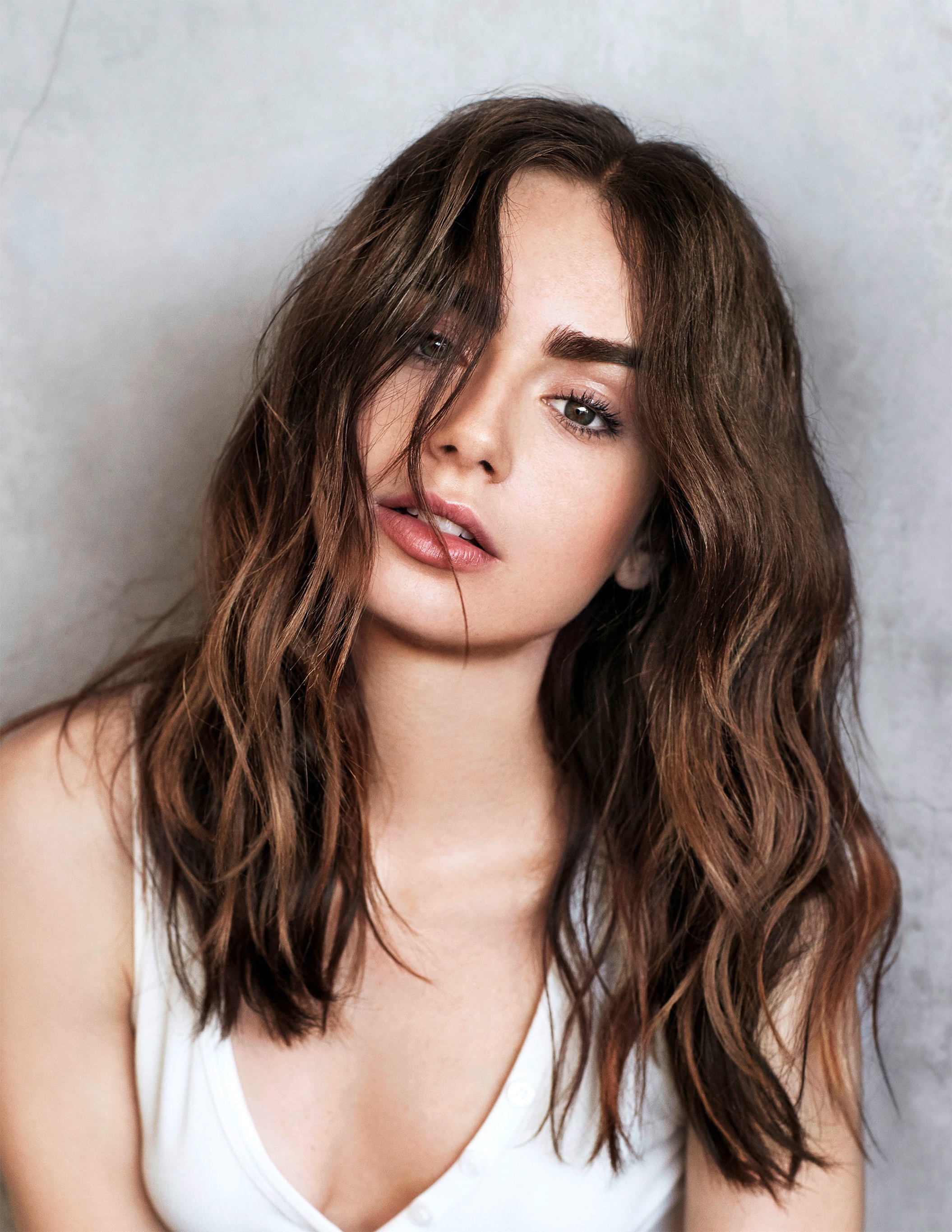 Lily Collins Women Actress Brunette Long Hair Studio Women Indoors Indoors Face Hair In Face Looking 2110x2730