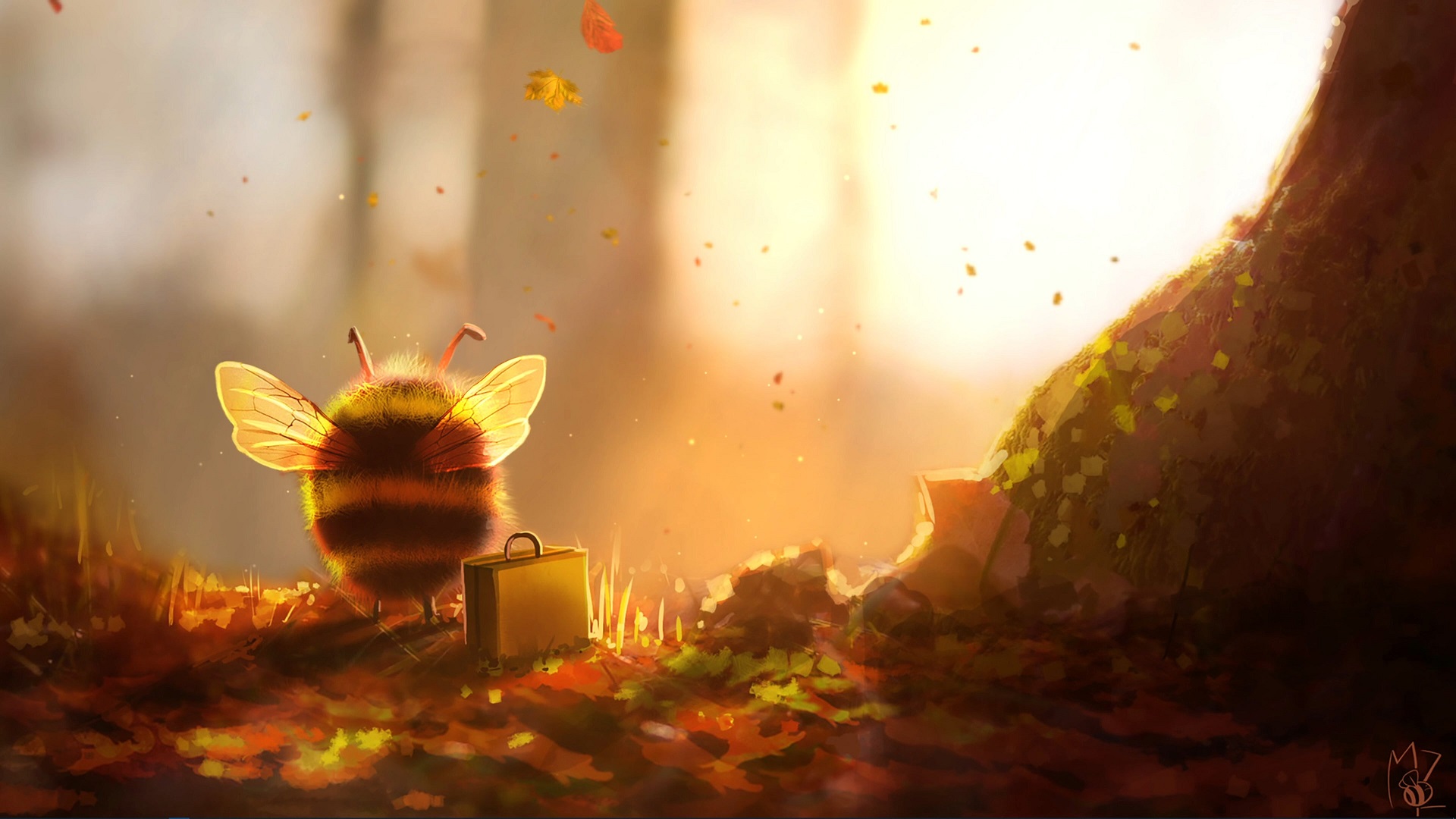 Artwork Bees Suitcase Fall Sunlight Leaves Bumblebees 1920x1080
