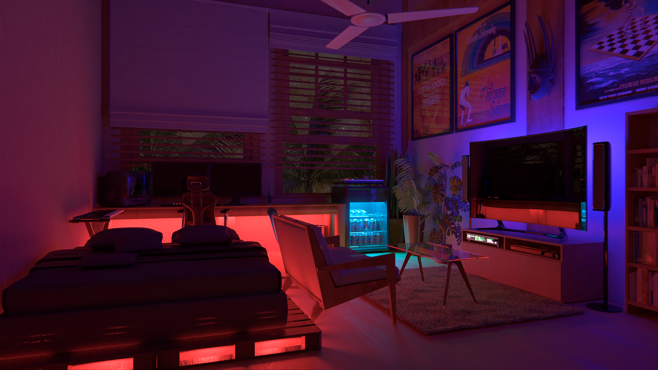 3D Render CGi Digital Art Interior Interior Design Students Room Neon Night 2560x1439