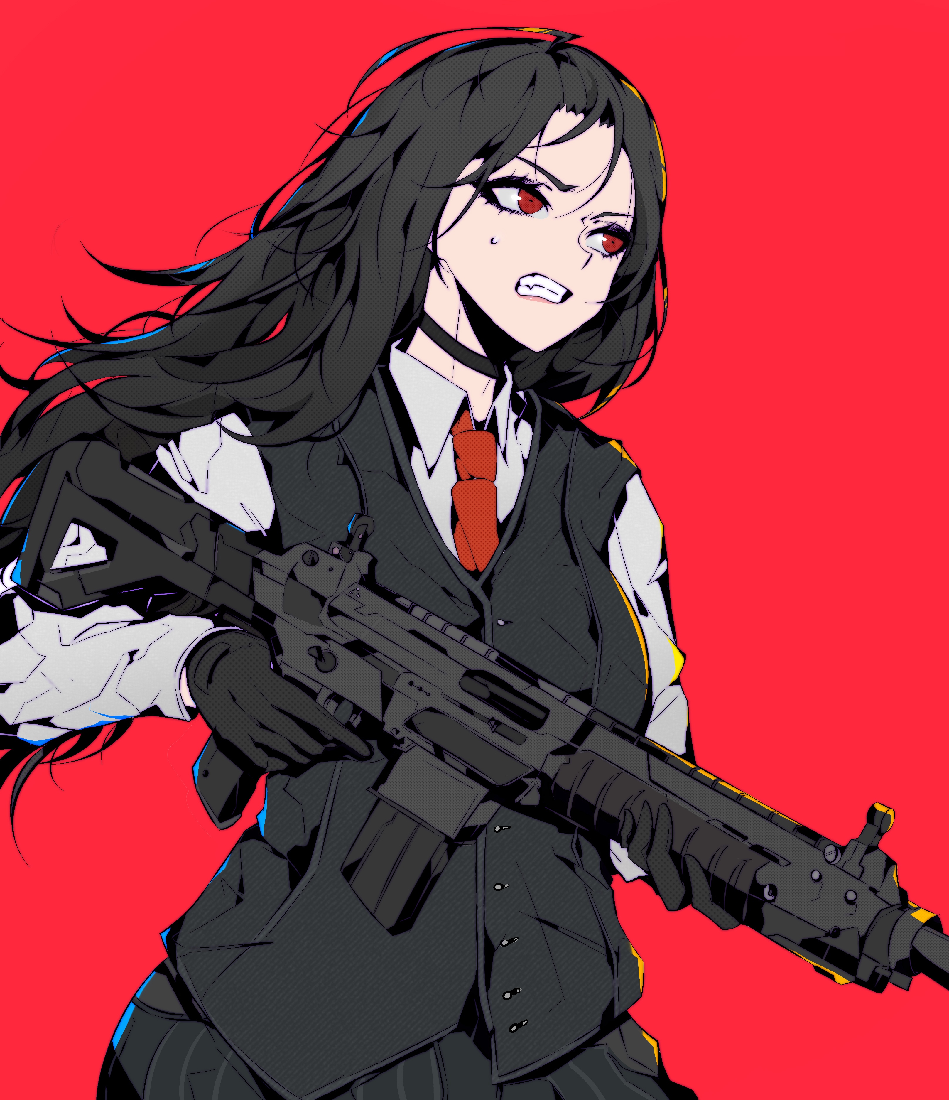 Red Eyes Red Background Black Hair Angry Long Hair Weapon Rifles Gun Red Tie White Shirt Anime Girls 3234x3748