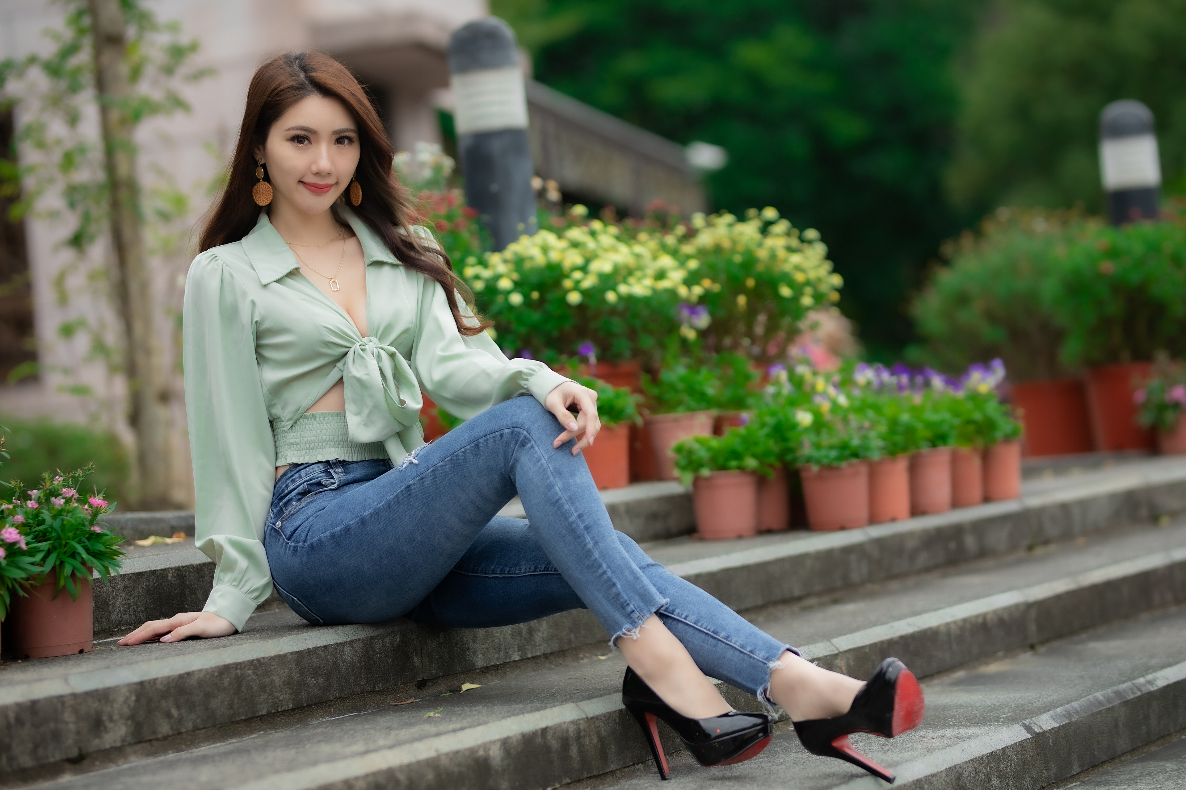 Asian Model Women Depth Of Field Sitting Women Outdoors Jeans Blouse Earring Long Hair Dark Hair Bla 3840x2560