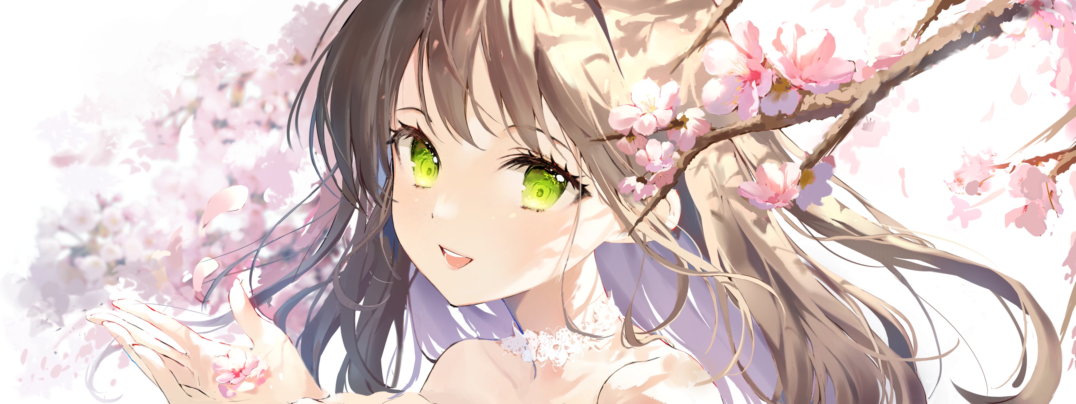 Anime Anime Girls Sakura Tree Green Eyes Brunette 3500x1316