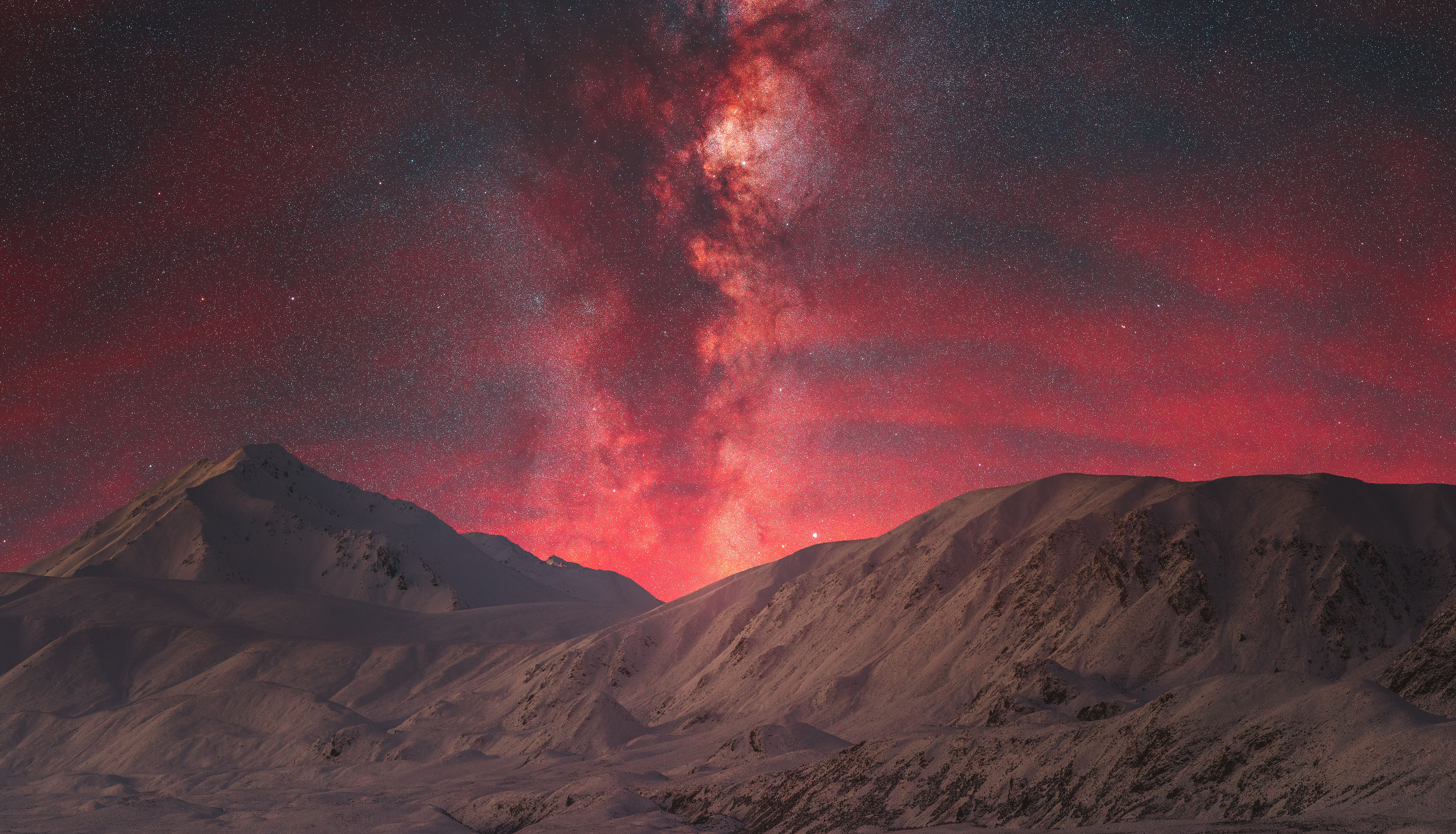 Nature Landscape Night Nightscape Snow Mountains Galaxy Stars Sky 3667x2100