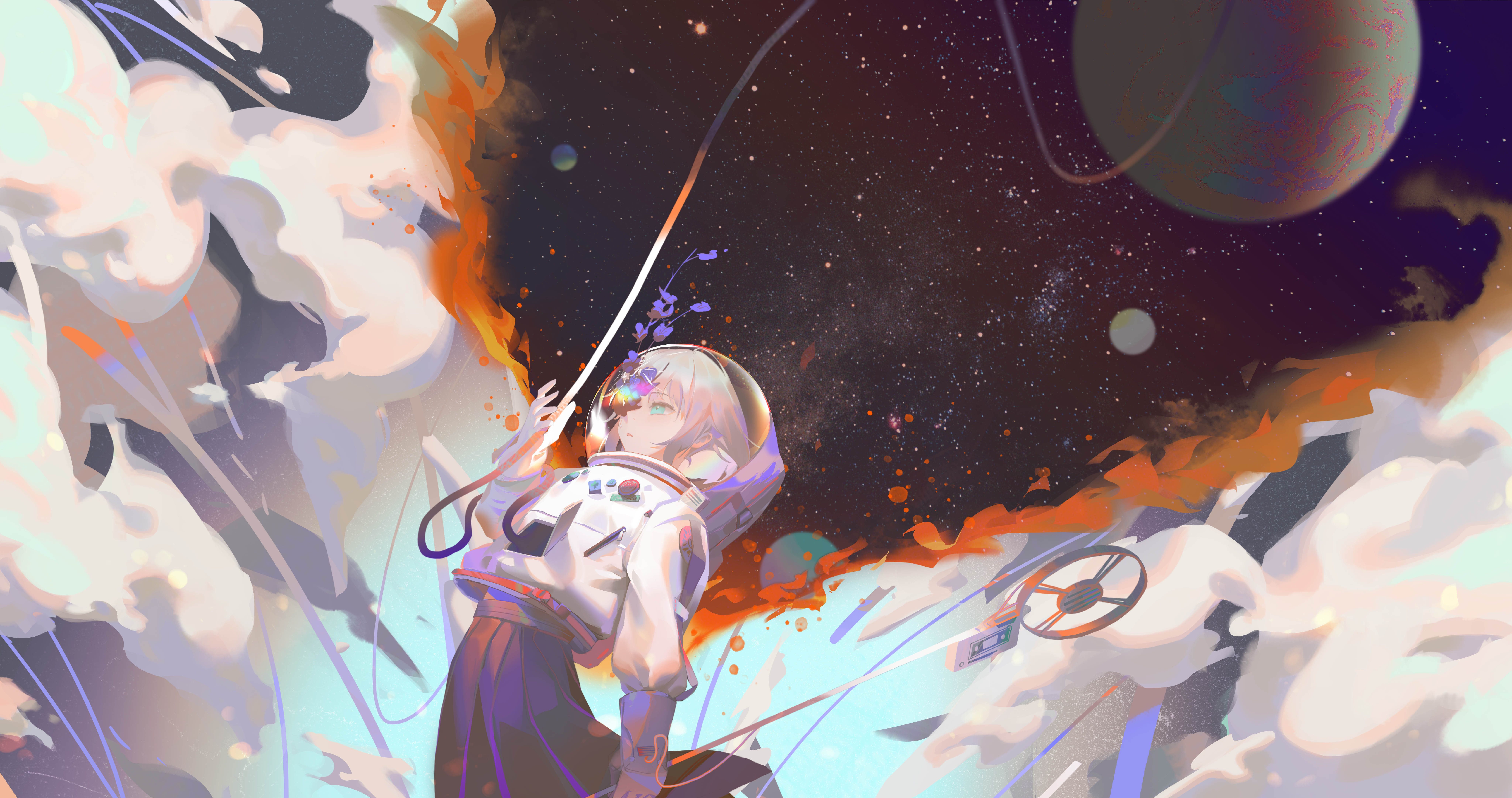 Anime Anime Girls Space Space Suit Stars Planet Flowers Blonde Aqua Eyes Short Hair Skirt Clouds Ori 8192x4320