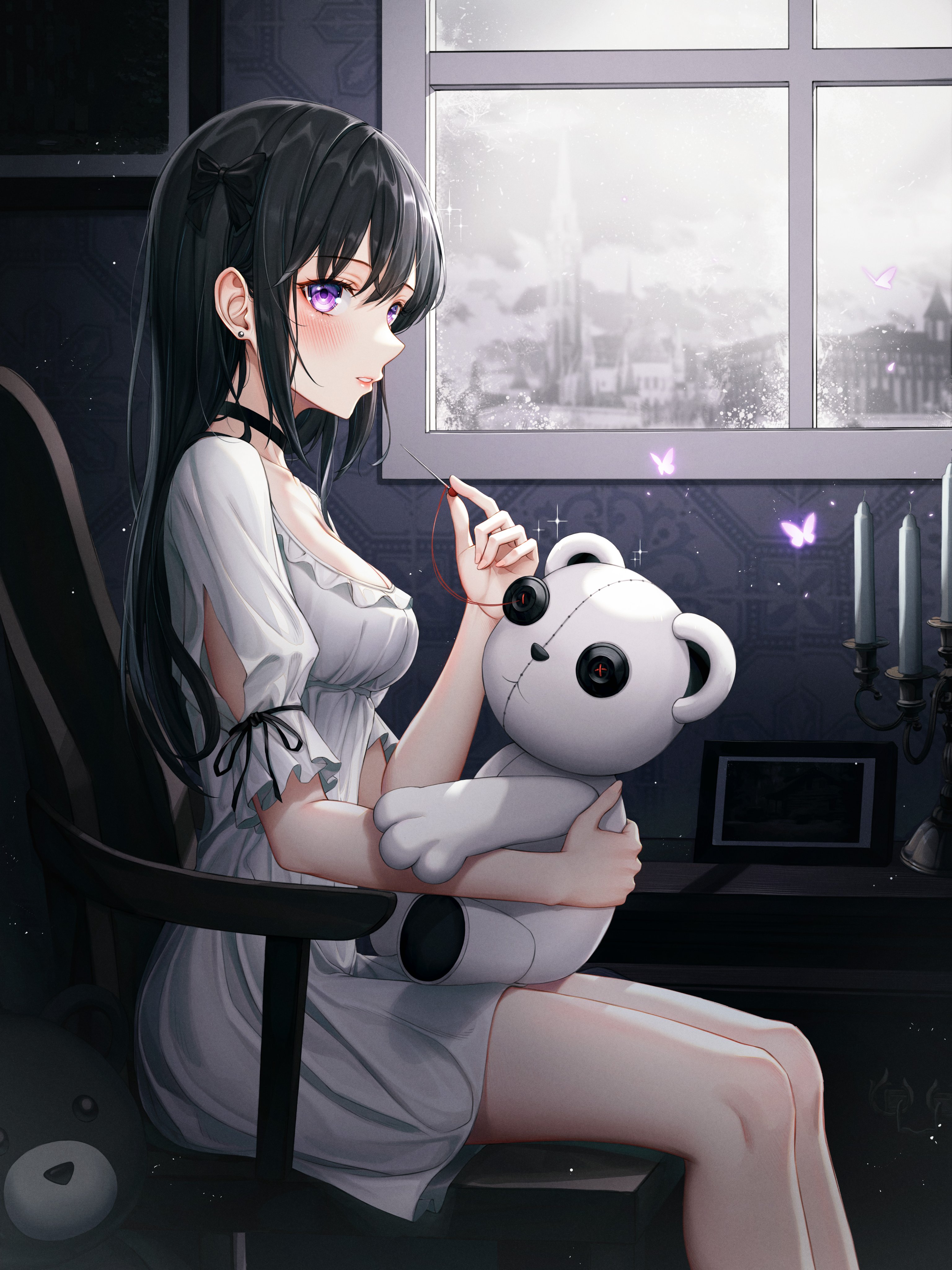 Eichi Women Brunette Window Digital Art Anime Anime Girls Teddy Bears Chair White Dress Dress Purple 3072x4096