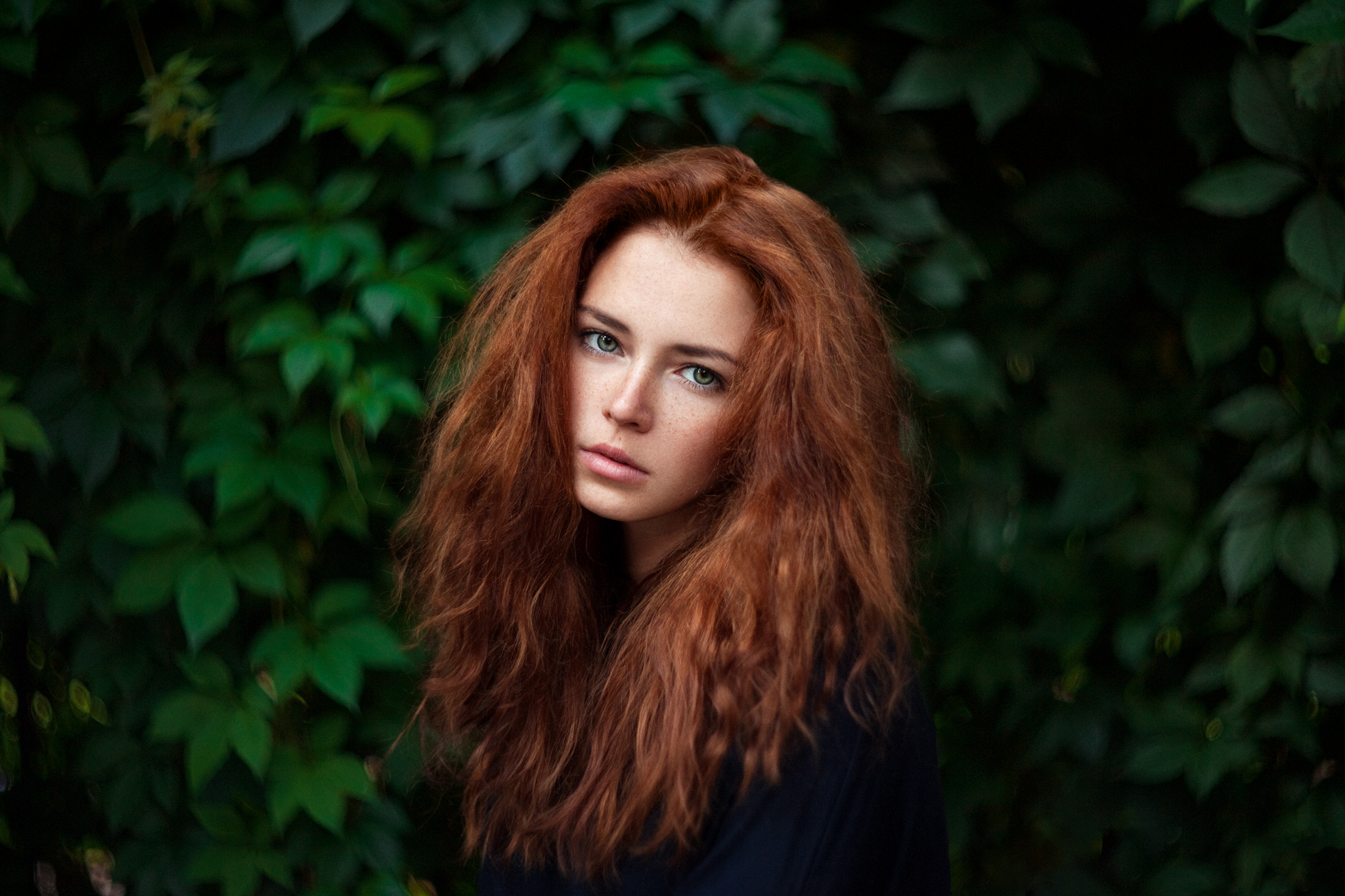Ivan Ustinov Women Redhead Long Hair Blue Eyes Freckles Looking At Viewer Depth Of Field Leaves Anna 2048x1365