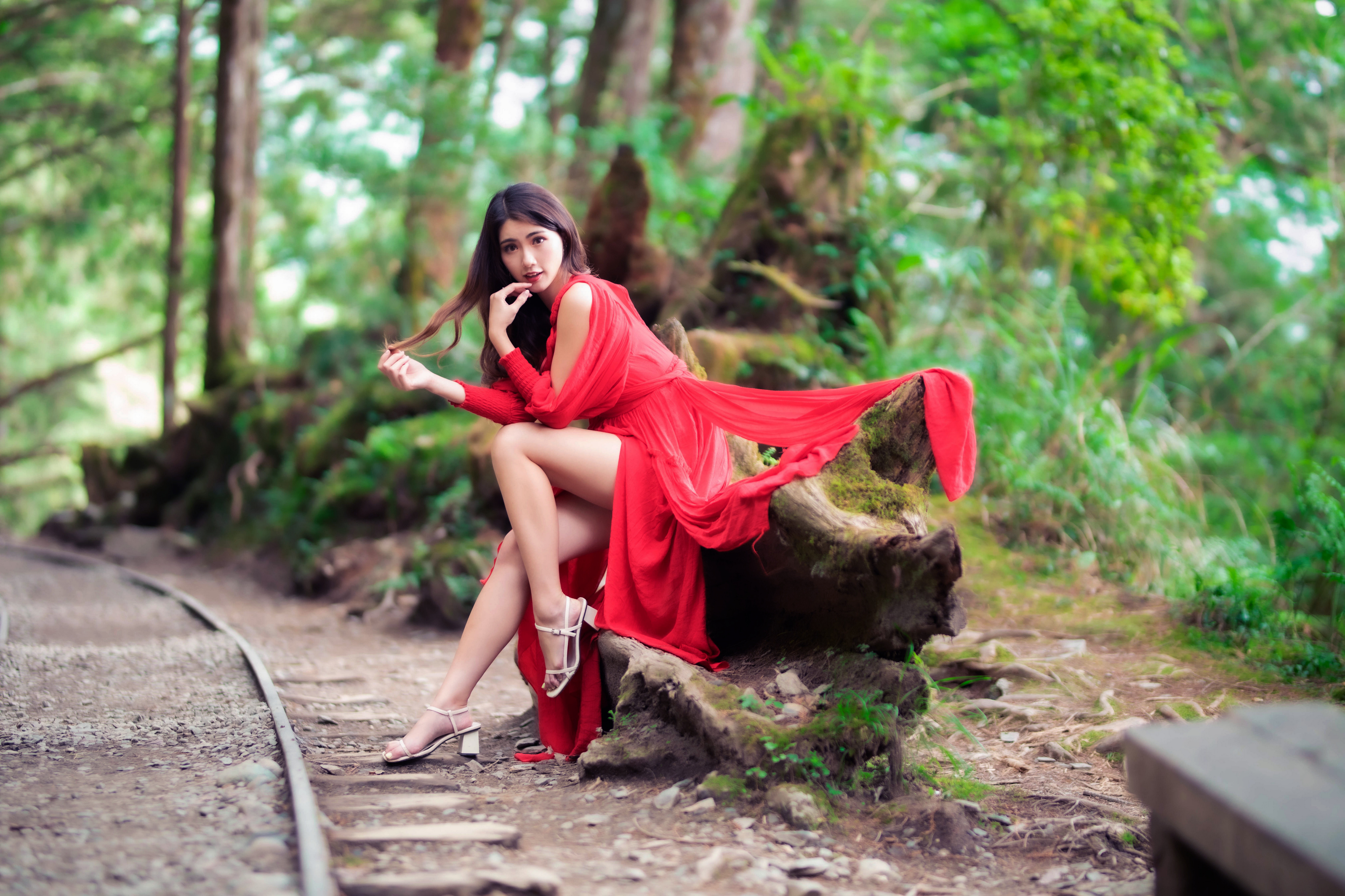 Asian Model Women Long Hair Dark Hair Red Dress Railway Trees Depth Of Field Sitting Barefoot Sandal 3840x2560