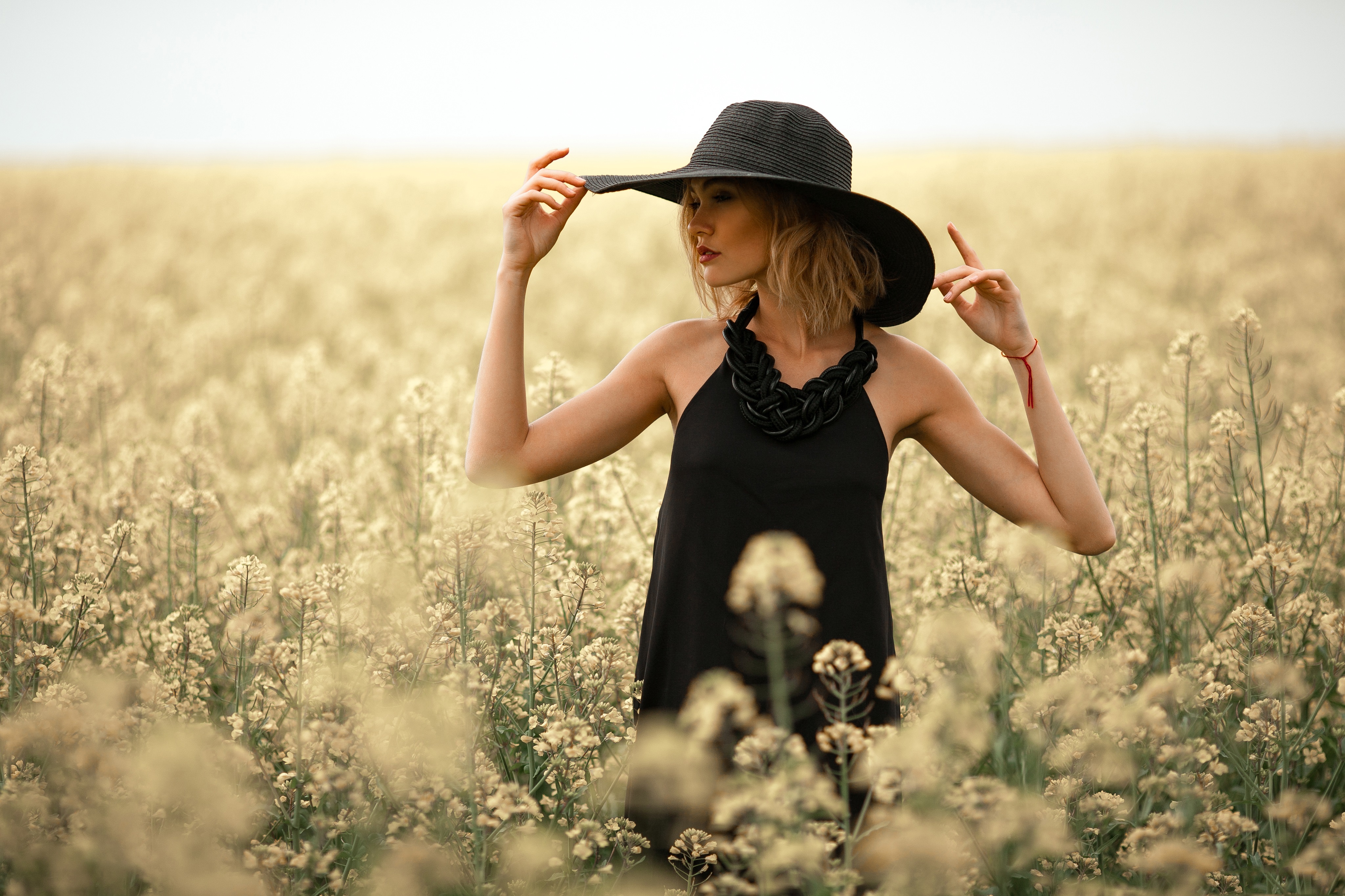Women Hat Flowers Black Clothing Blonde Model Looking At The Side Field Summer Nature Sunlight 4095x2730