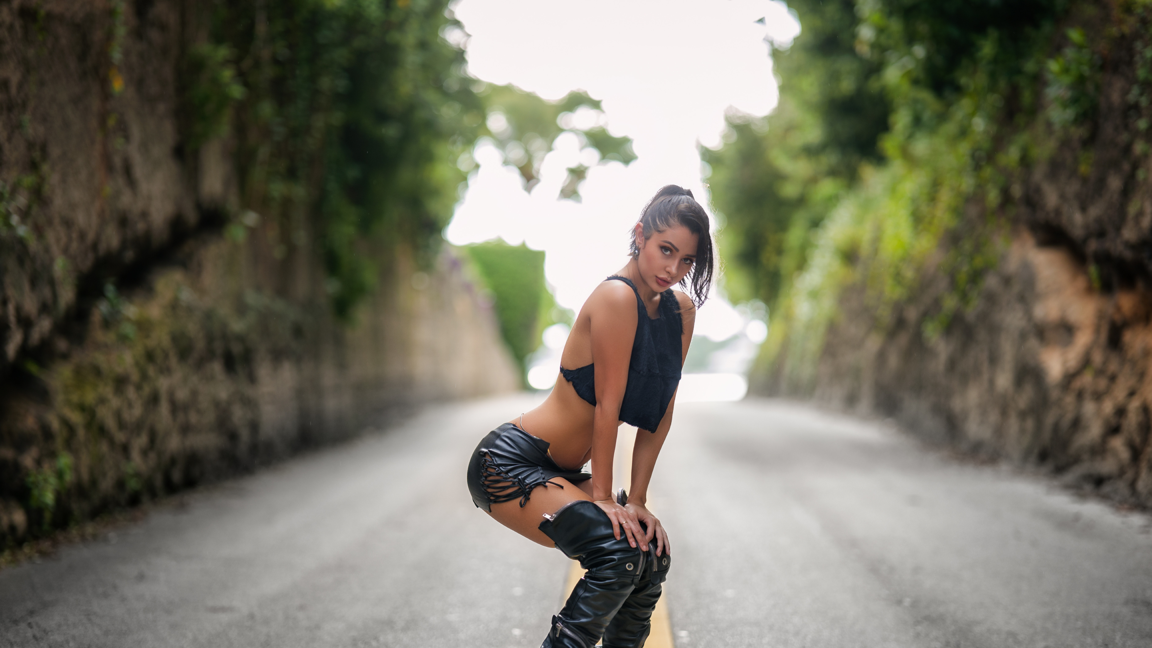 Women Model Brunette Ponytail Looking At Viewer Black Tops Leather Clothing Road Depth Of Field Outd 3840x2160