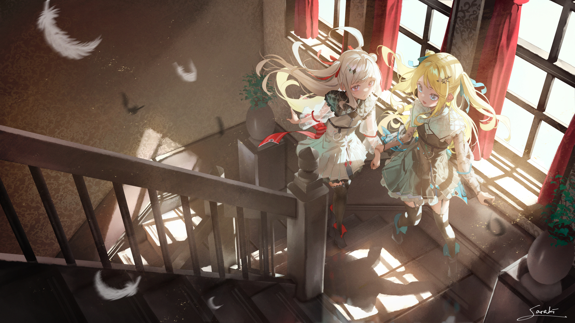 Anime Anime Girls Stairs Sunlight Women Feathers High Angle 1920x1080