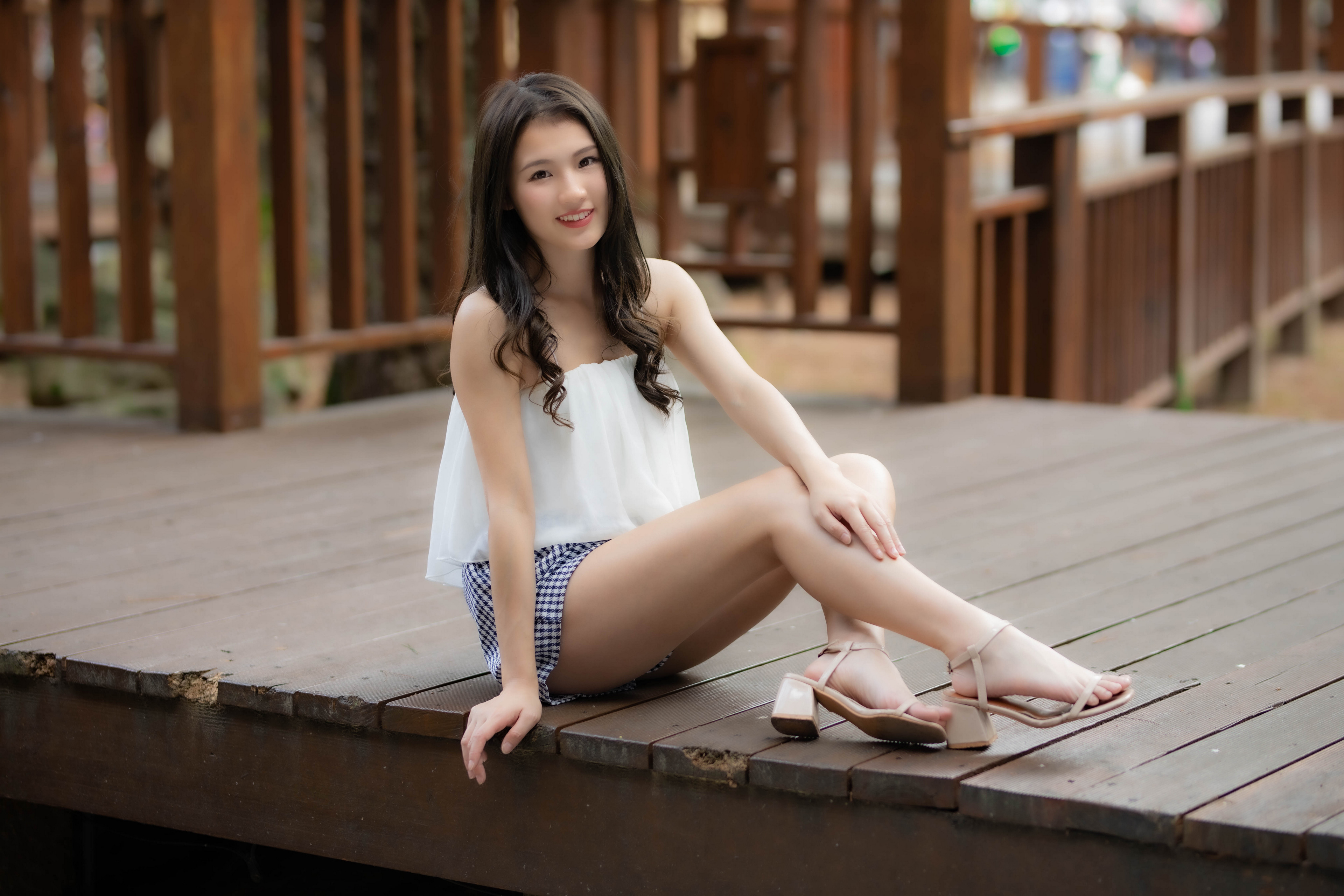 Asian Model Women Long Hair Brunette Sitting Barefoot Sandal Terraces White Shirt Depth Of Field 3840x2560