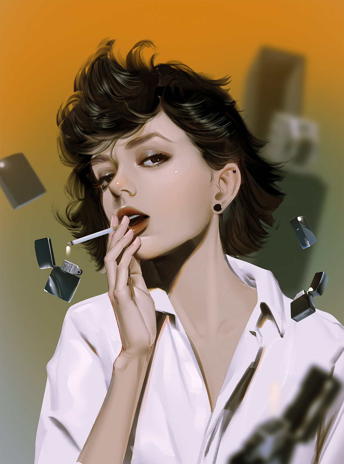 Smoking Women Face ArtStation Portrait Black Hair Open Mouth Looking At Viewer Zippo Dark Eyes 1180x1591