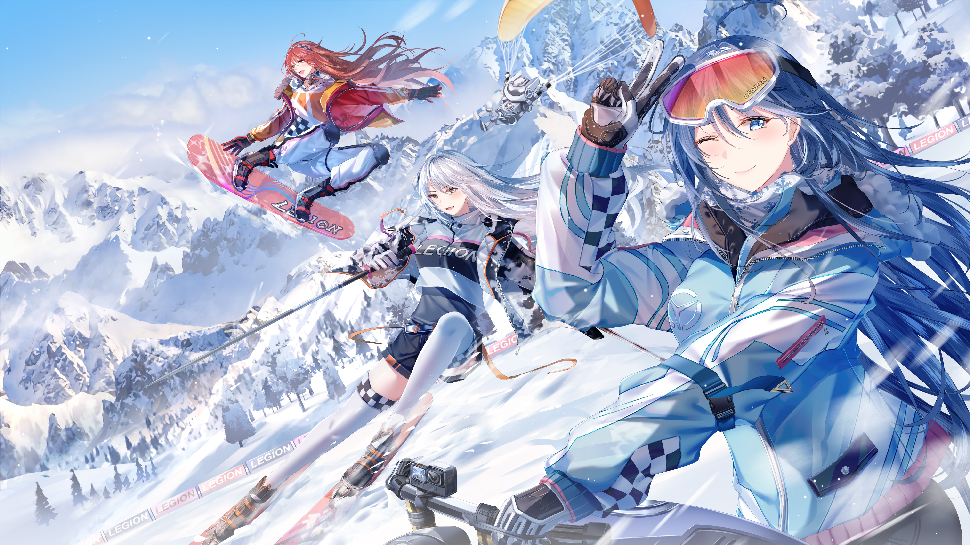 Skiing Winter Anime Girls Ski Ski Jump Anime Mountain Chain White Hair 4000x2250