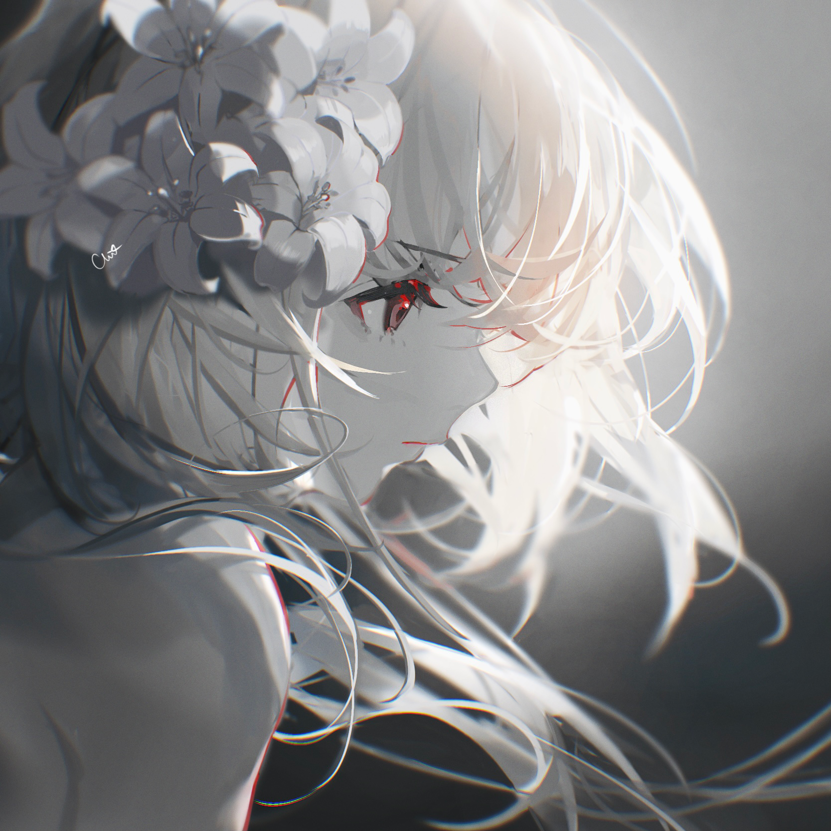 anime girl with white hair and white eyes