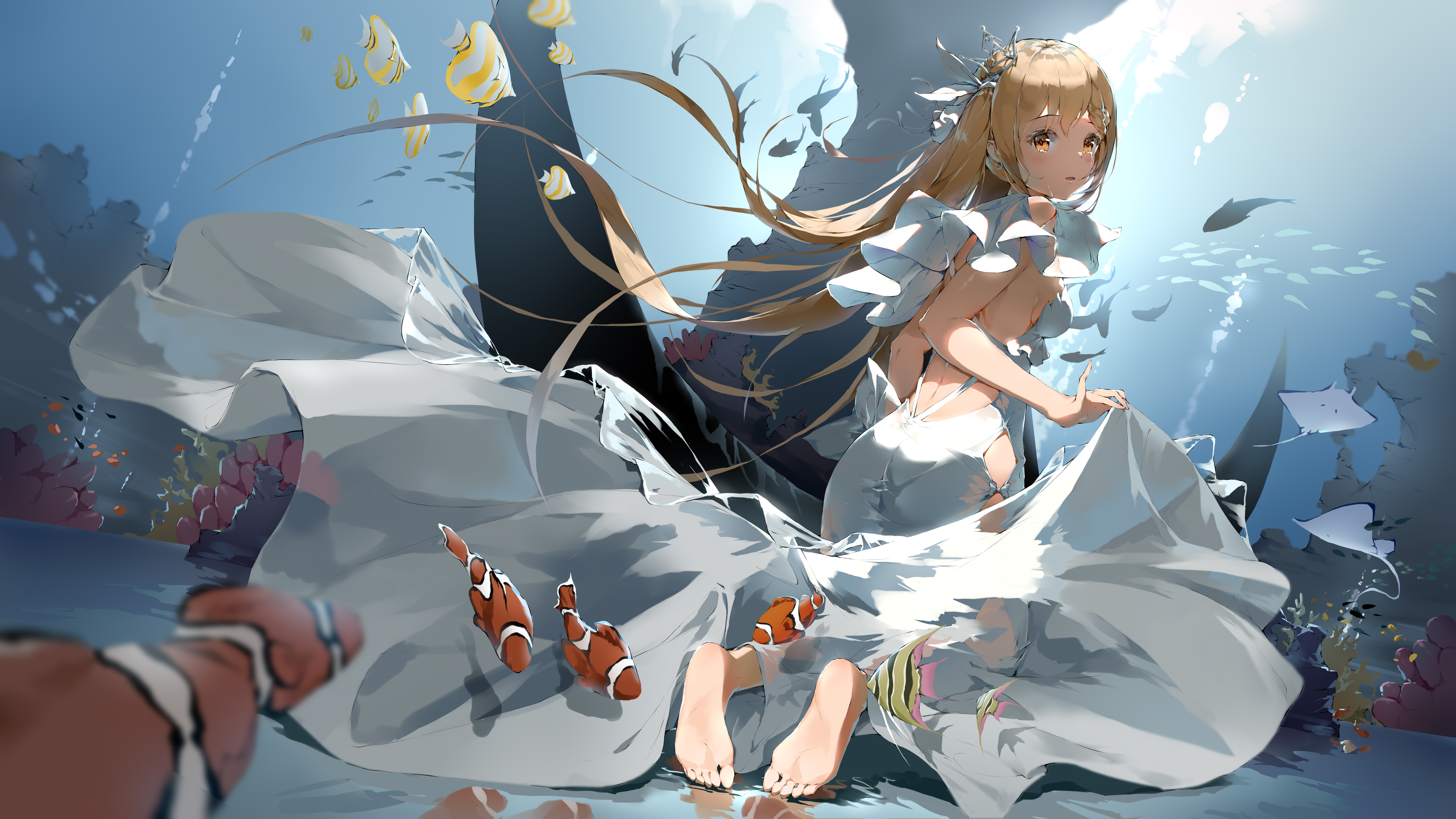 Anime Anime Girls Fish Underwater Dress Feet Blonde Long Hair Yellow Eyes Bodhi Wushushenghua 6720x3780