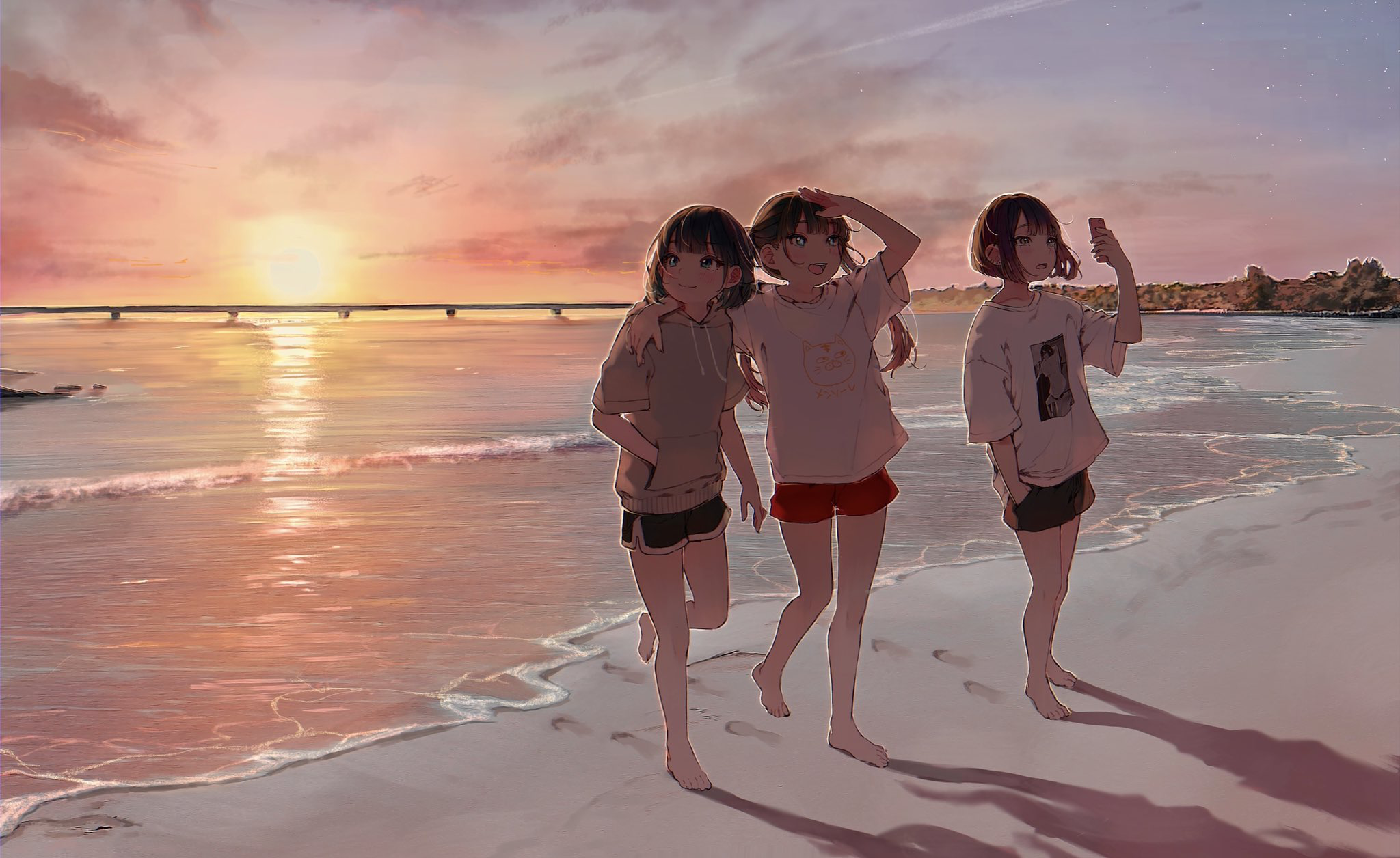 Anime Girls Original Characters Sunset Beach Landscape Sea Daluto Smartphone Women On Beach Short Ha 2048x1256