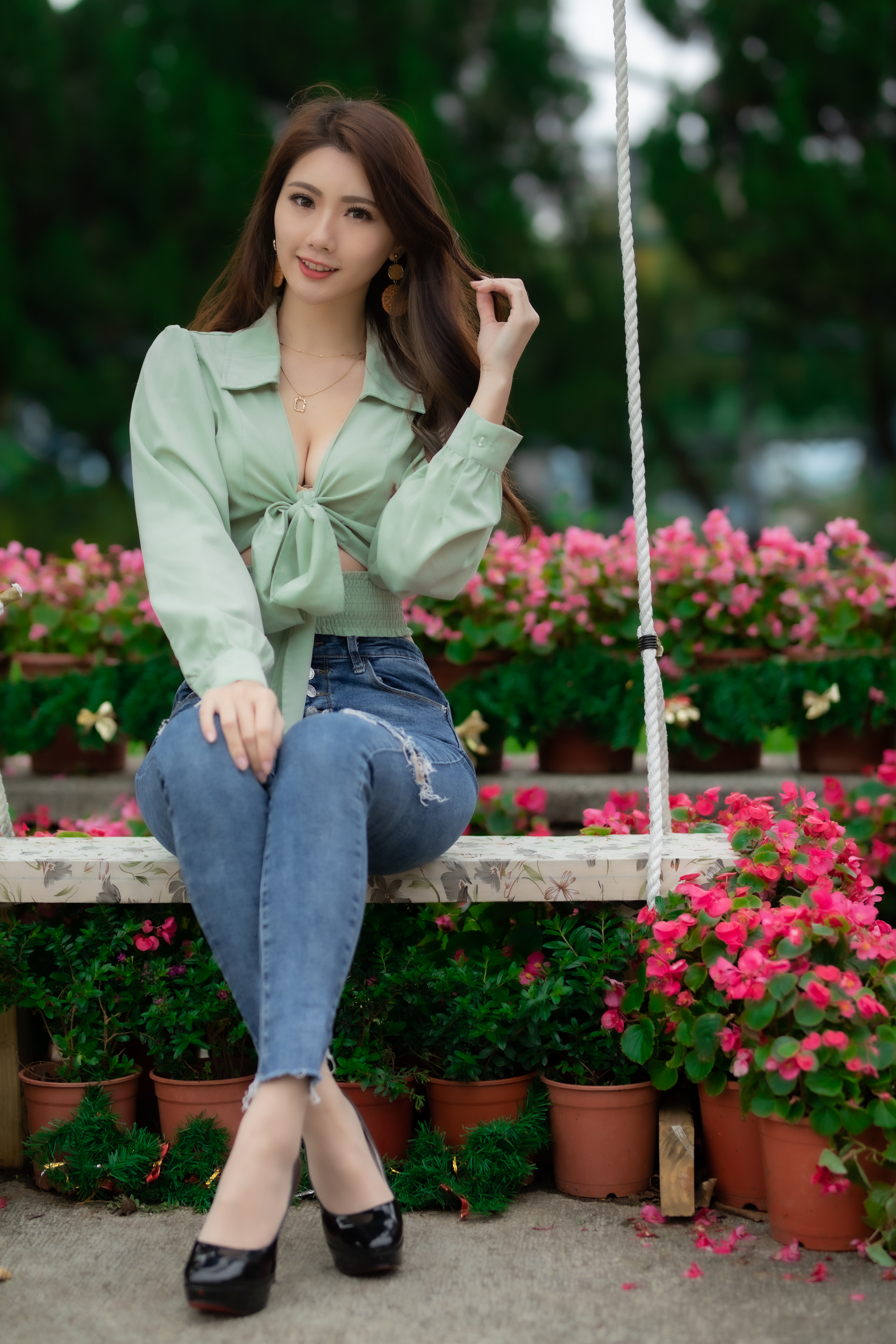 Asian Model Women Long Hair Dark Hair Depth Of Field Jeans Sitting Swing Blouse Black Heels Flowerpo 2560x3840