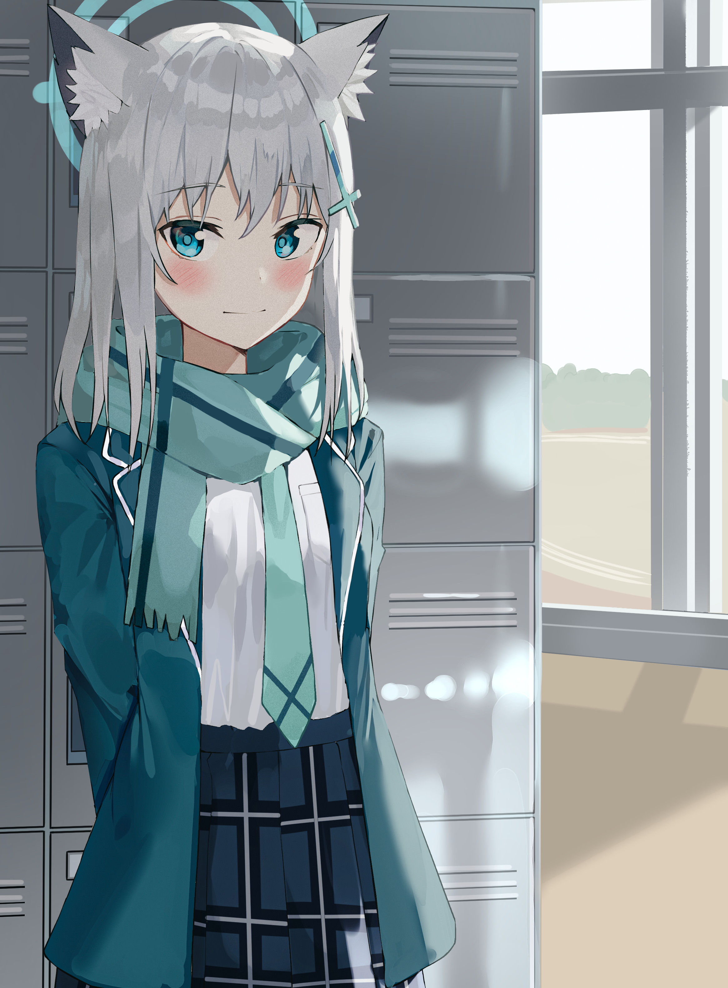 2D Anime Anime Girls Digital Art Digital Silver Hair Fox Ears Blue Eyes Scarf Schoolgirl Blue Tie Wh 2330x3161