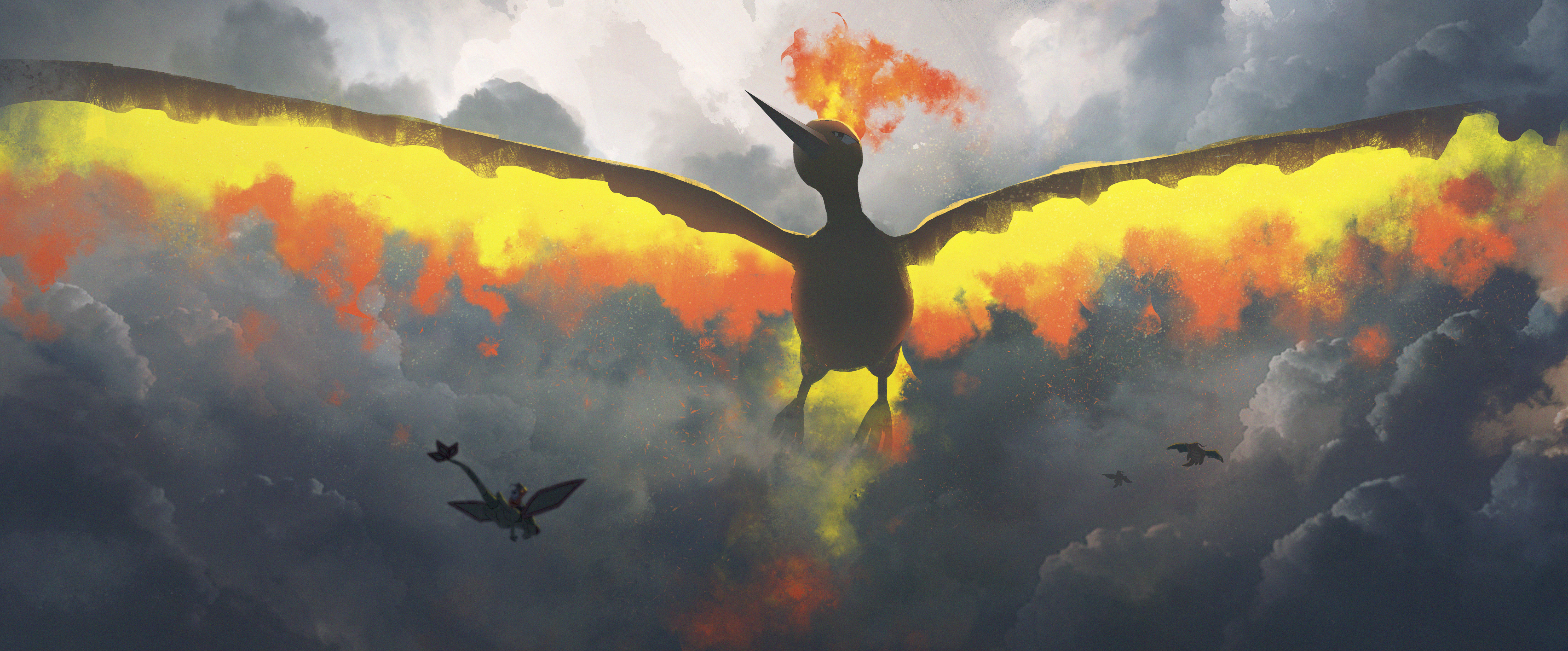 Asteroid Artist Pokemon Anime Moltres Flygon Dragonite Charizard 6000x2492