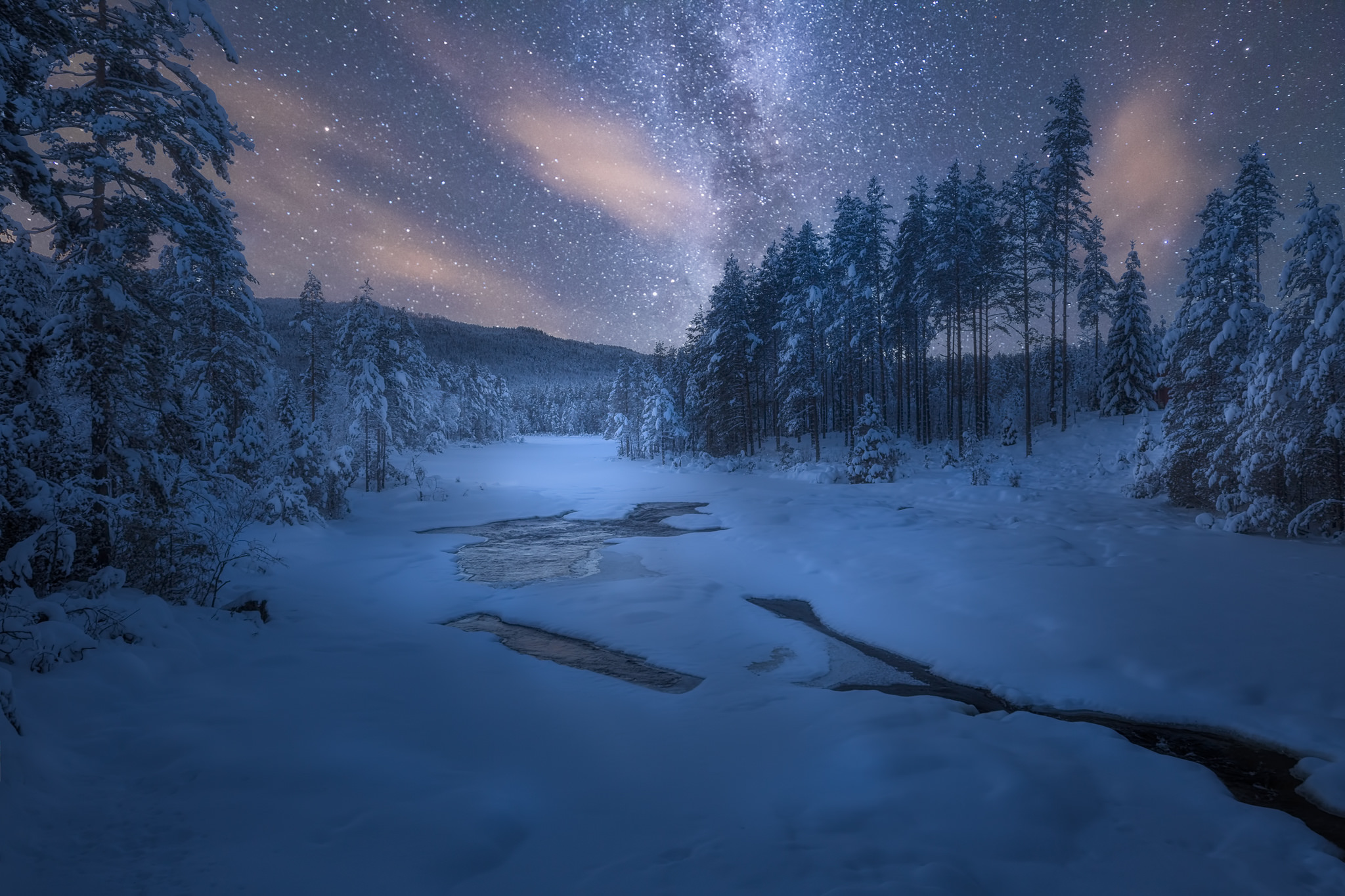 Forest Snow River Sky Night Starry Sky 2048x1365
