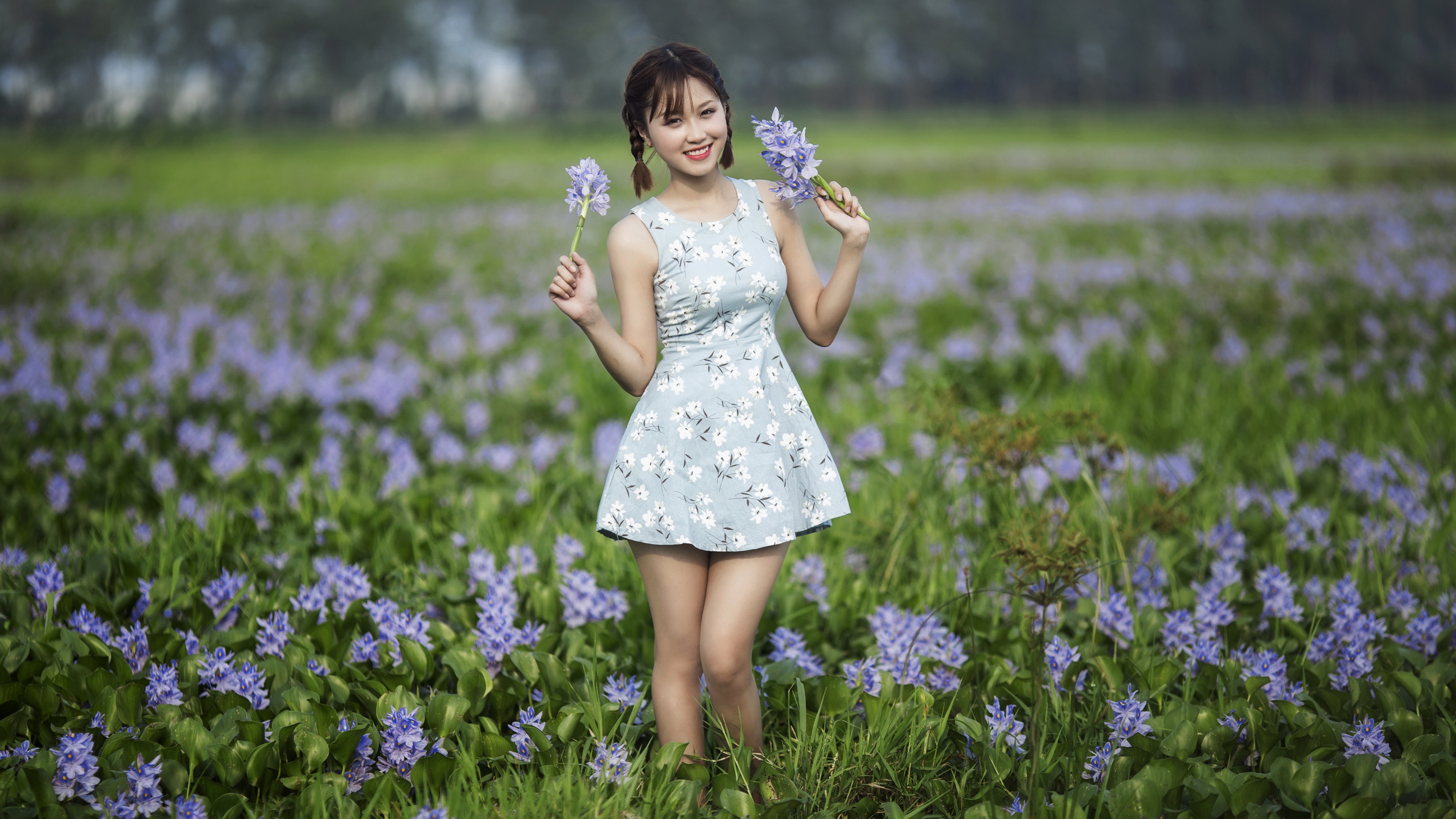 Asian Model Women Outdoors Women Outdoors Standing Flowers Plants Dress Smiling Flower Dress Field B 3840x2160