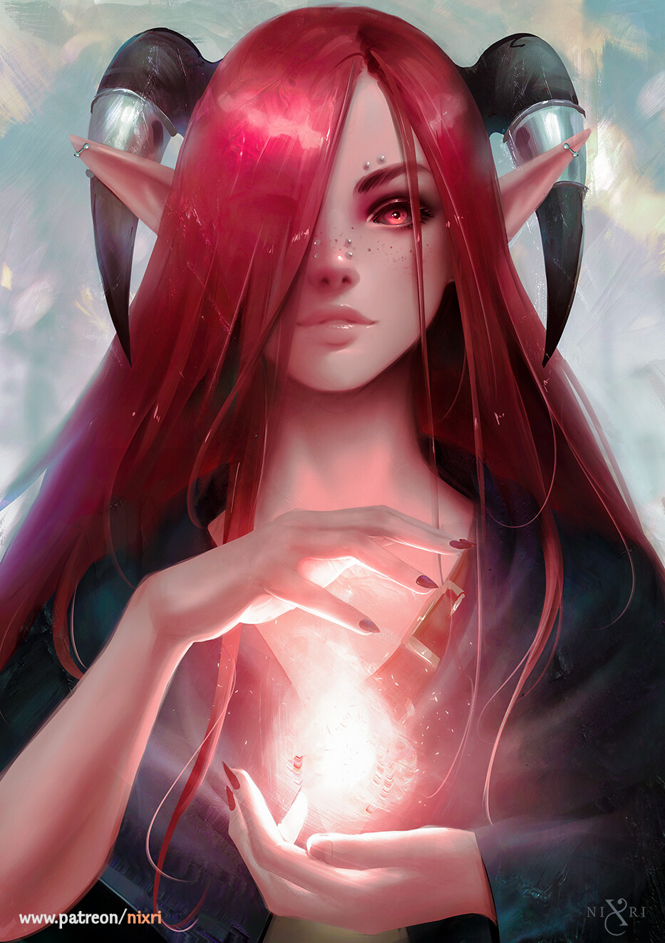 Nixri Women Elf Ears Demon Eyes Redhead Red Eyes Piercing Freckles Magic Artwork Fan Art Digital Art 933x1323