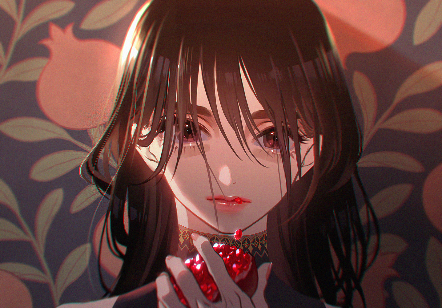 Anime Anime Girls Brunette Long Hair Brown Eyes Red Nails Looking At Viewer Pomegranate Eating 1436x1000