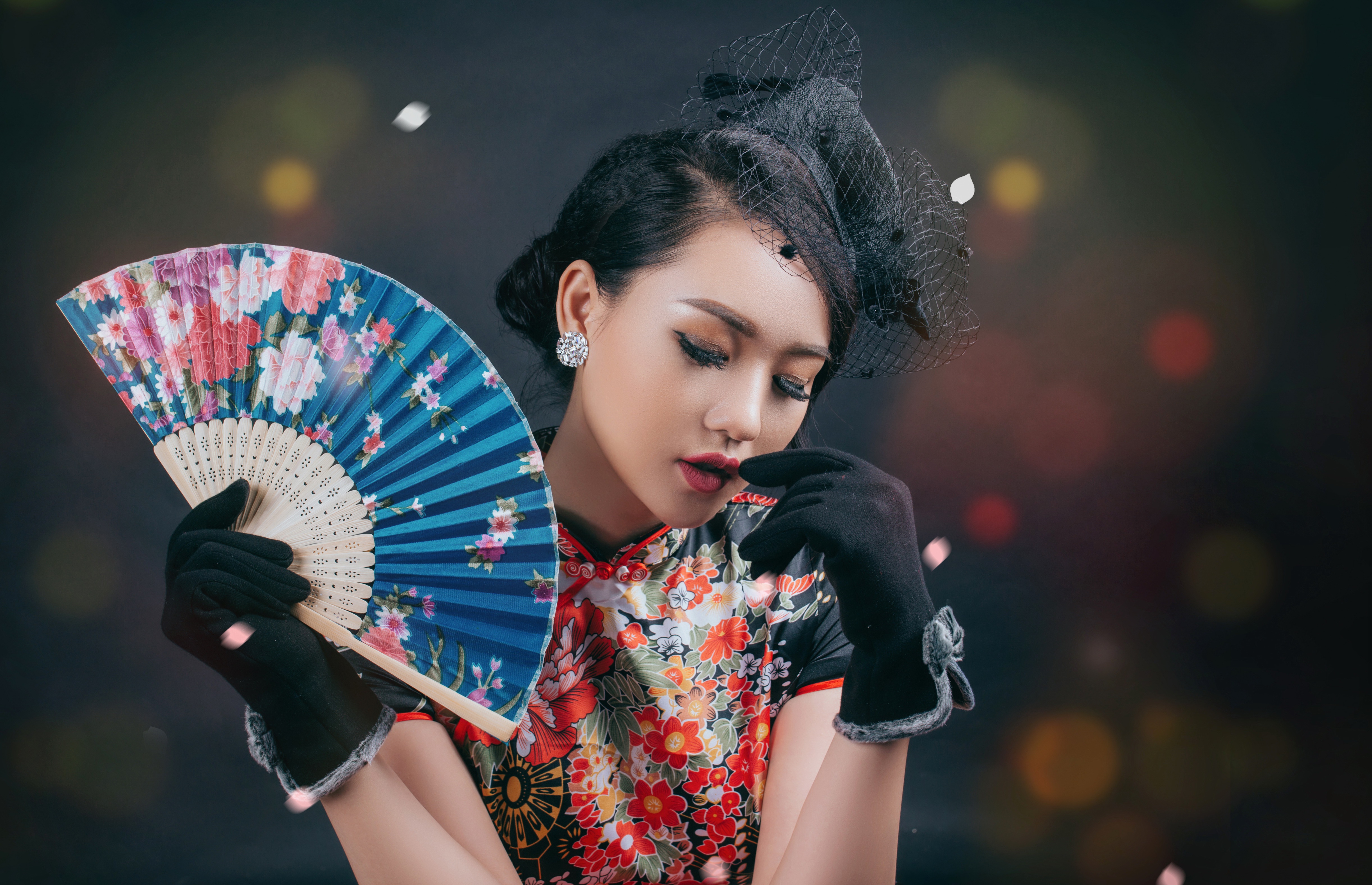 Asian Brunette Fan Girl Glove Lipstick Model Woman 4887x3154