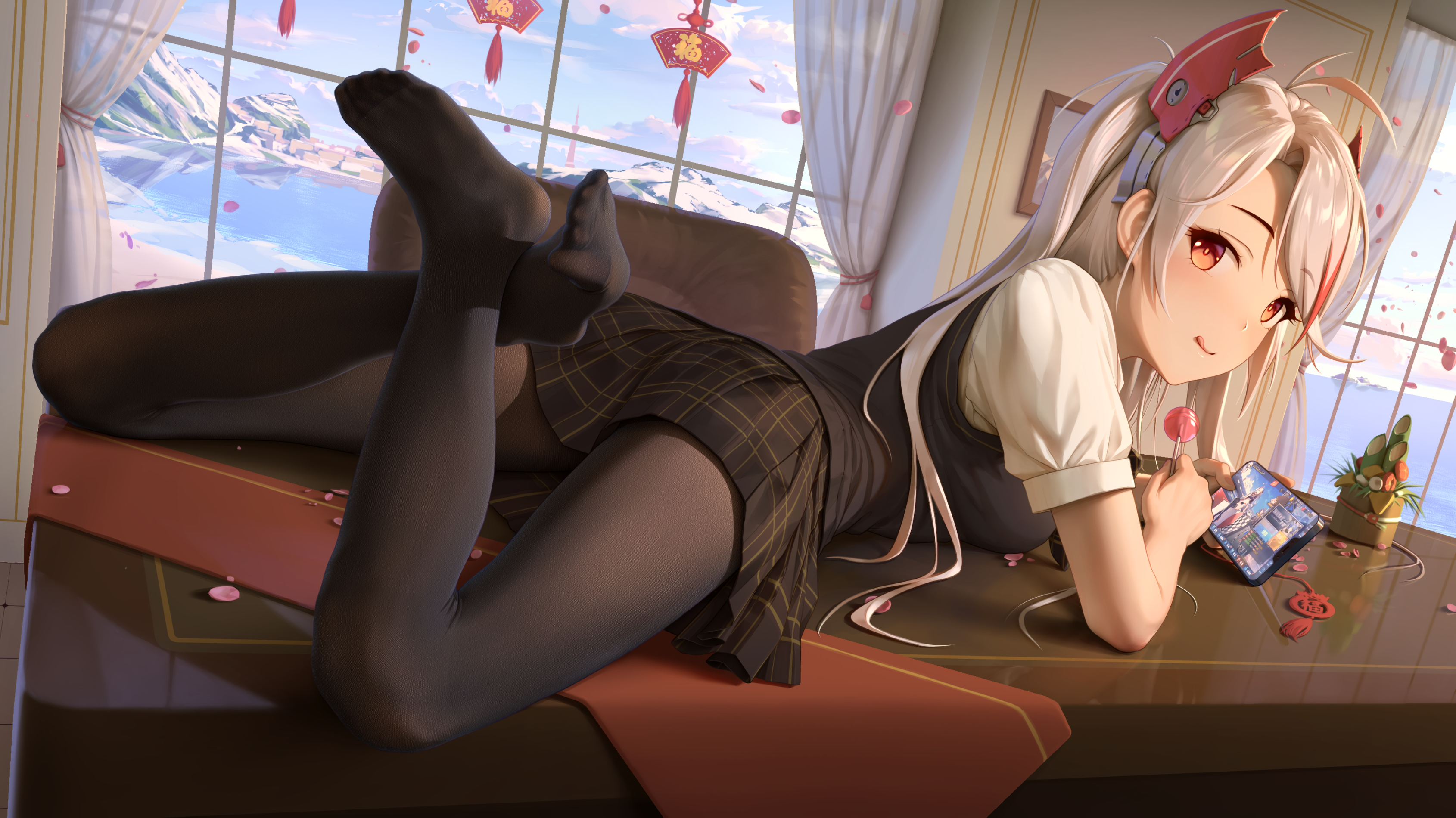 Anime Anime Girls Himitsu Azur Lane Prinz Eugen Azur Lane Legs Schoolgirl Desk Smartphone Feet Silve 3380x1900