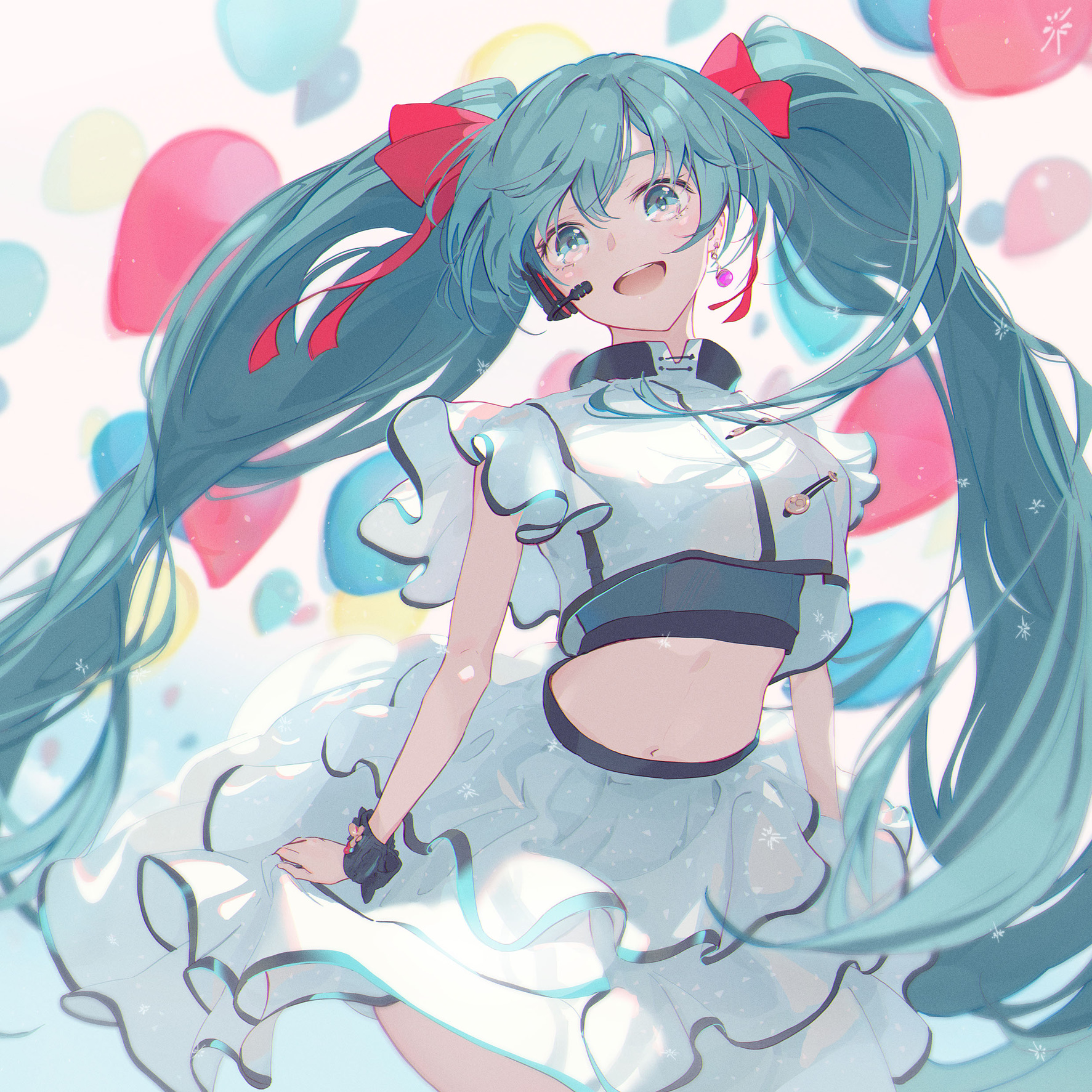 Anime Girls Hatsune Miku Vocaloid Kodamazon Twintails Long Hair Red Ribbons Open Mouth Singing White 1773x1773