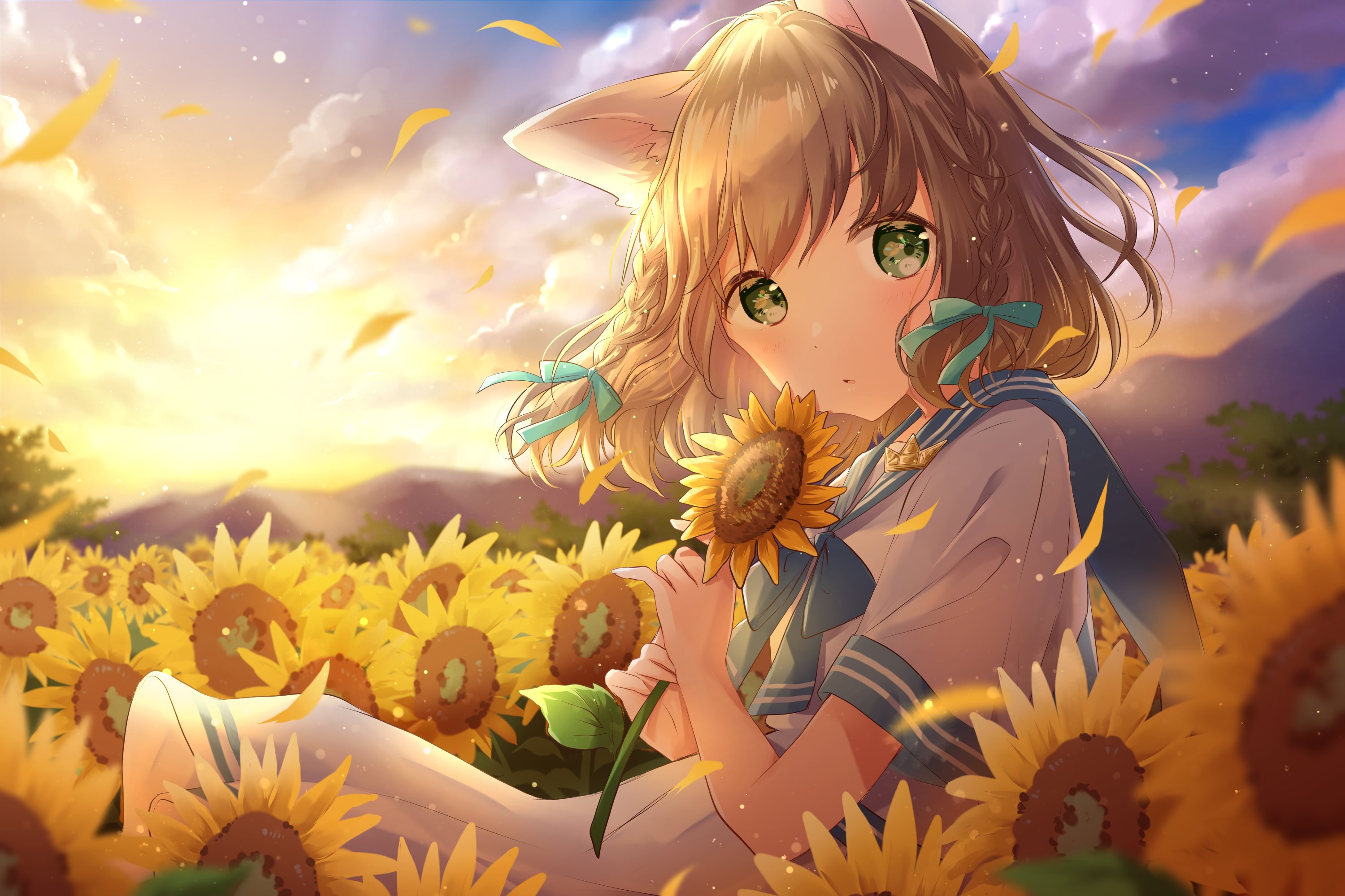 Anime Anime Girls Field Flowers Sunflowers Yellow Flowers Women Outdoors Animal Ears Blonde Dress Gr 3000x2000