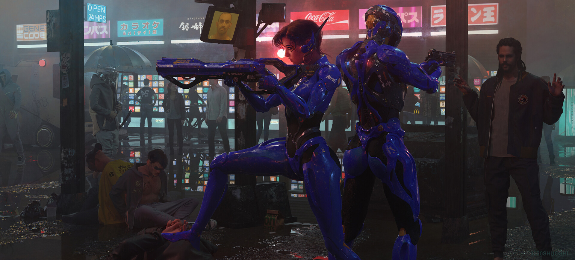 Female Warrior Science Fiction 3D Graphics Blue Cyborg Robot 1920x871