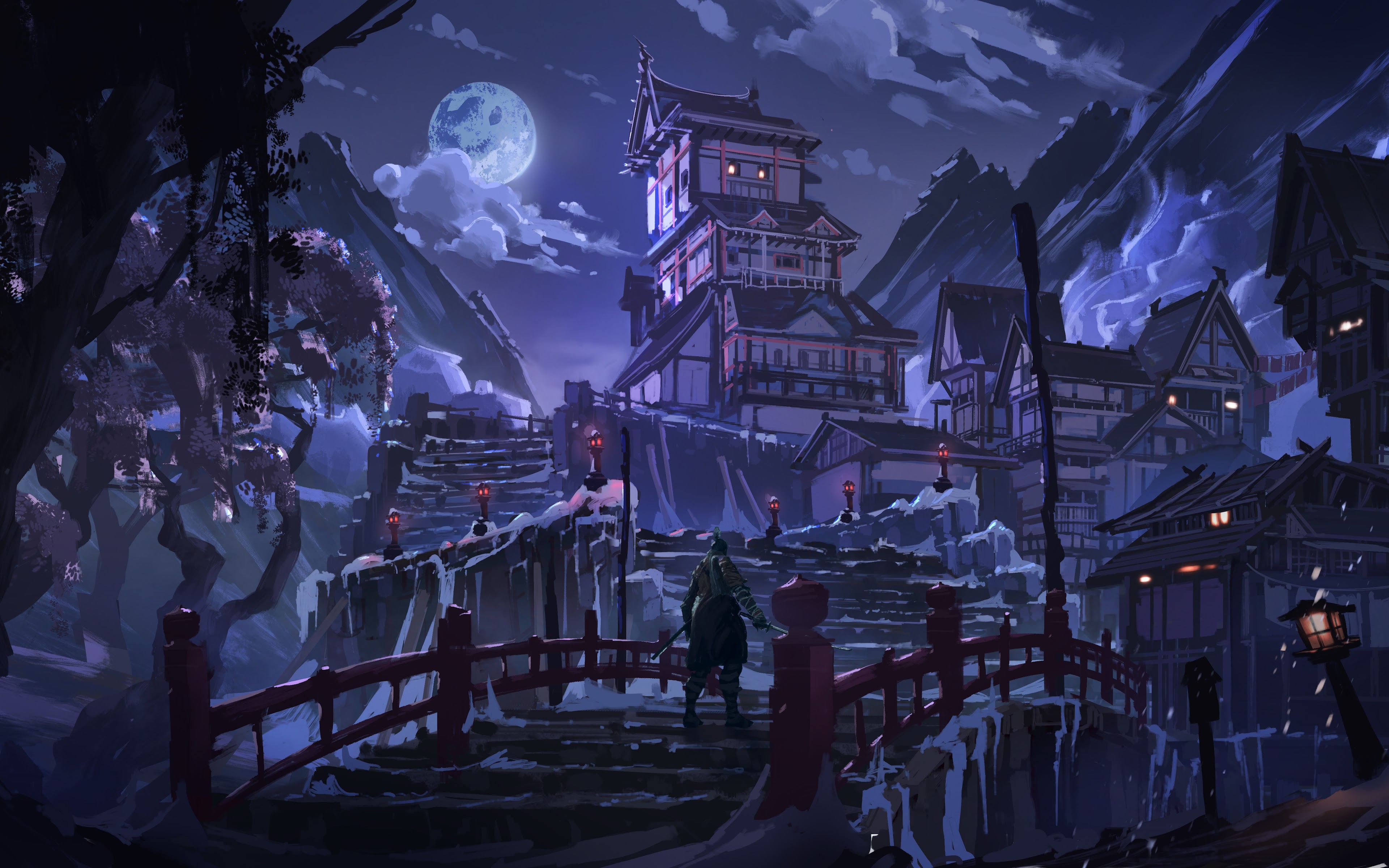 Artwork Fantasy Art Night Moon Bridge Town Sekiro Shadows Die Twice 3840x2400