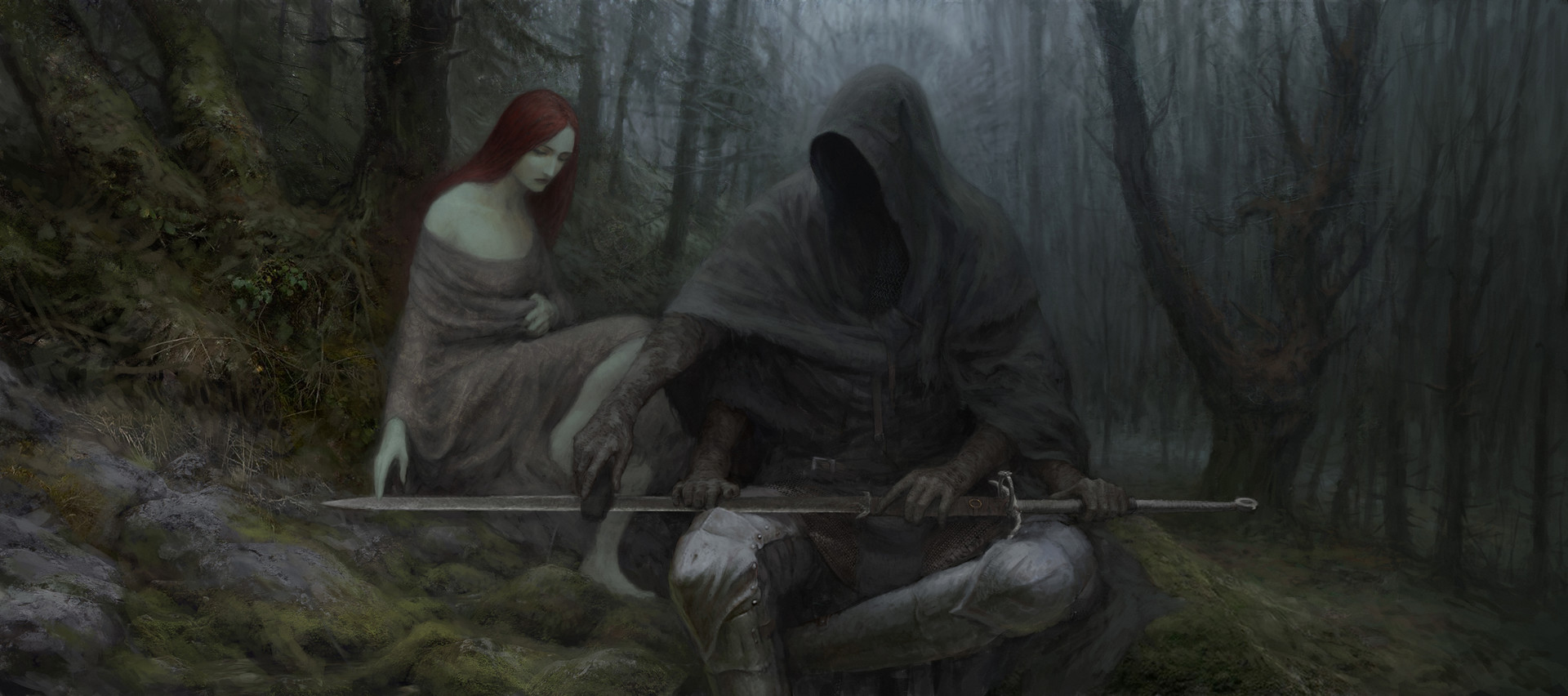 Artem Demura Dark Digital Art Fantasy Art Hood Sword Creature Forest Trees Redhead 1920x852