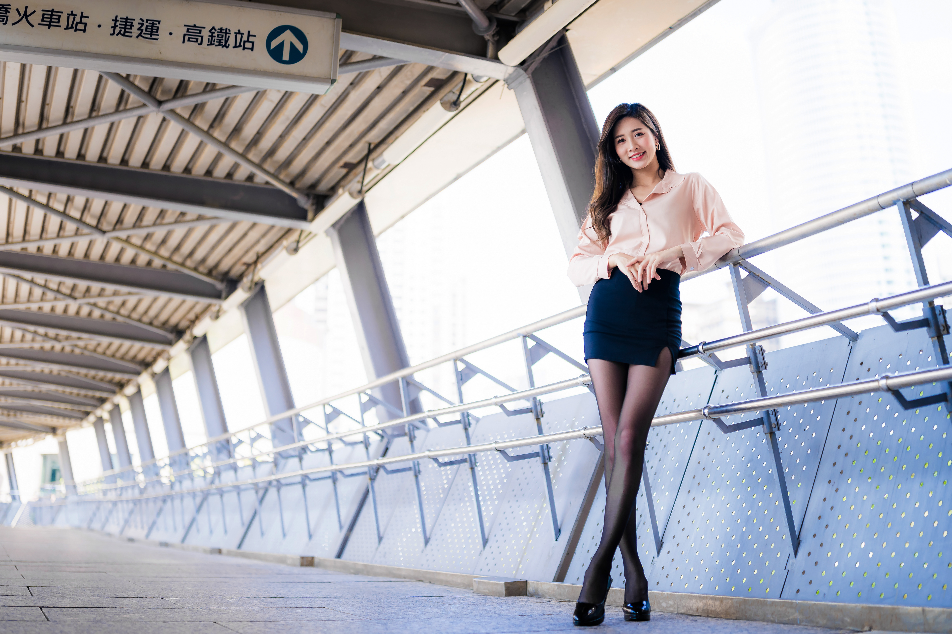 Asian Model Women Long Hair Dark Hair Blouse Black Skirts Nylons Black Heels Leaning Railings Passag 3840x2560
