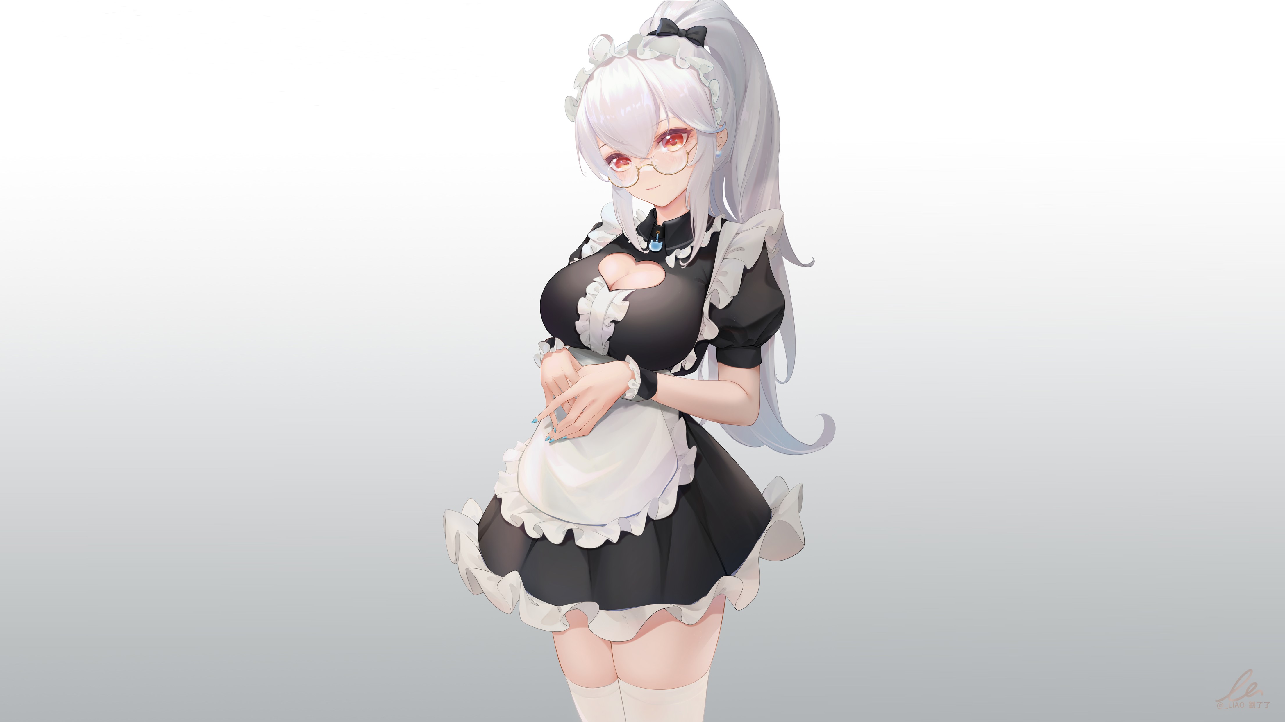 Maid Simple Background Original Characters Maid Outfit Looking At Viewer Long Hair Ponytail Red Eyes 4421x2487
