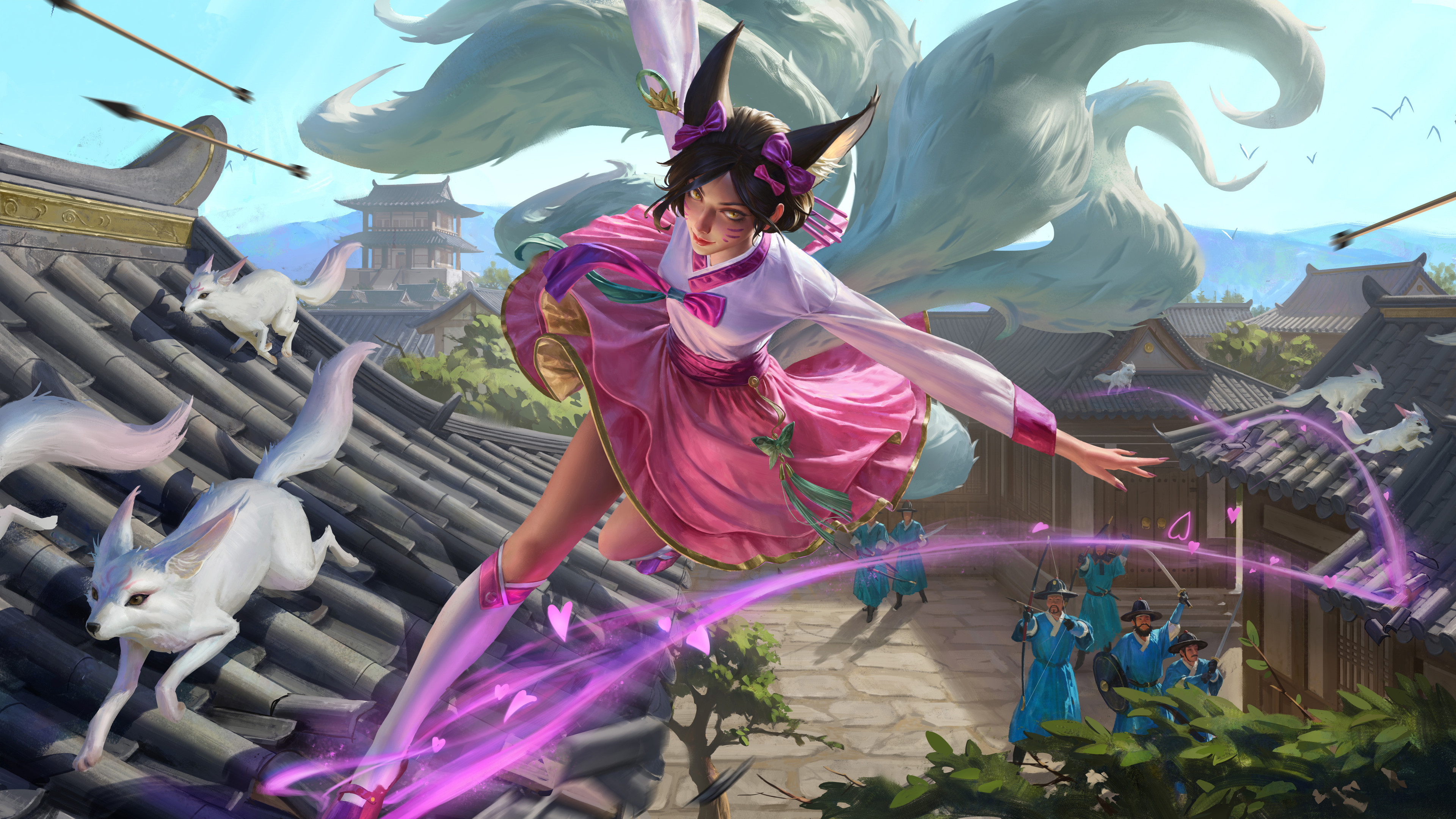 Yuhong Ding Drawing League Of Legends Ahri League Of Legends Dark Hair Dress Pink Clothing Running F 3840x2160