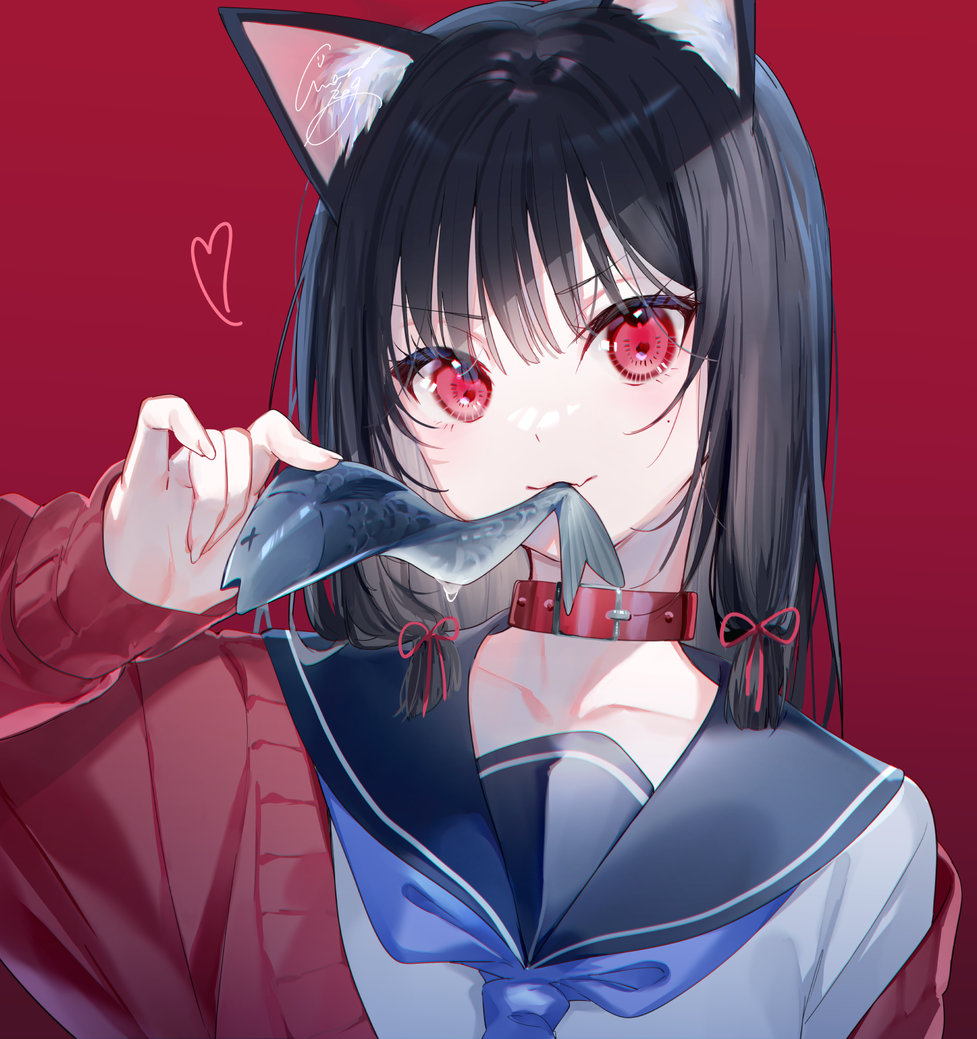 Cat Girl Anime Girls Fish Animal Ears Heart School Uniform Black Hair Red Eyes Artwork Miwano Ragu 1411x1500