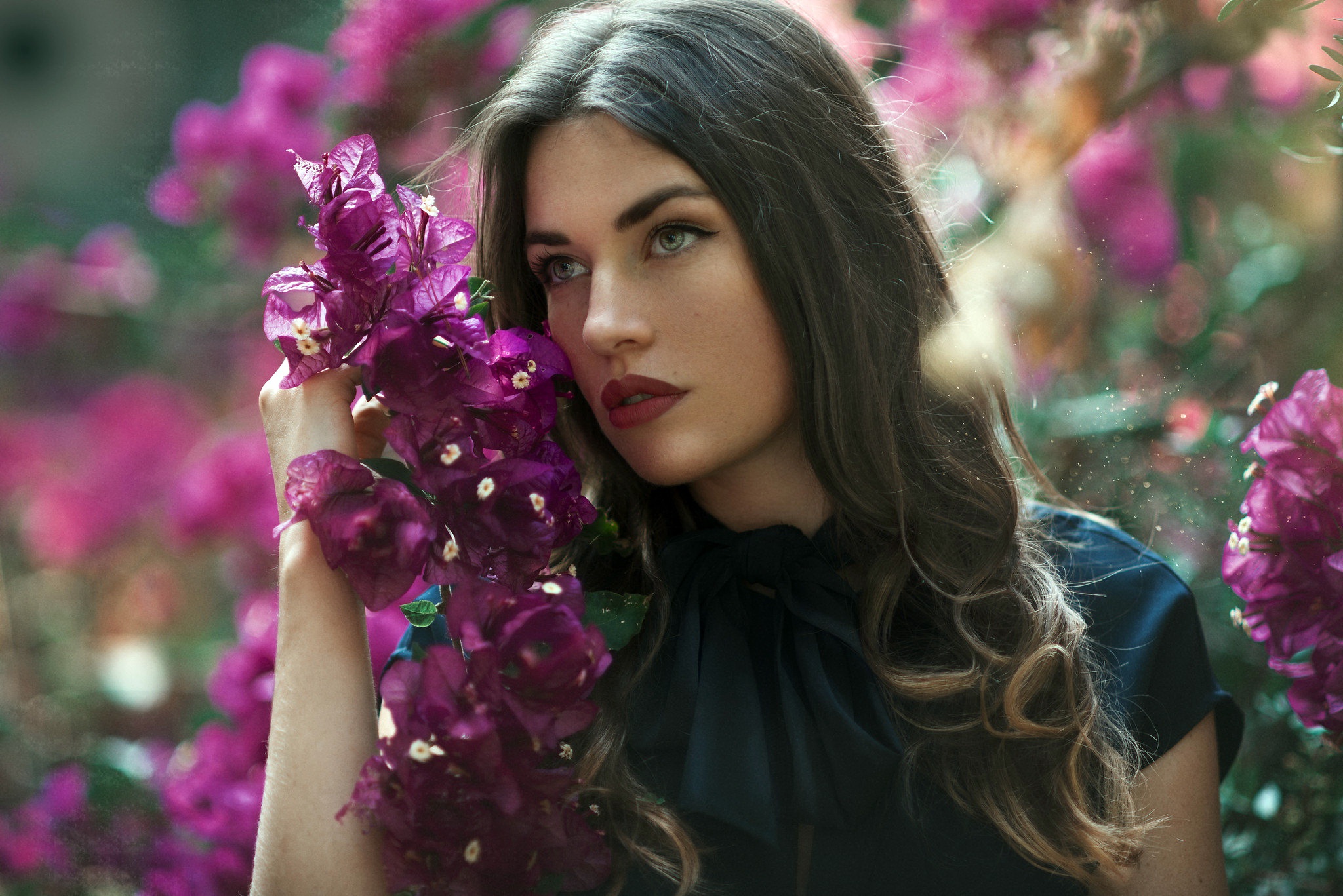 Brunette Girl Lipstick Purple Flower Woman 2048x1367