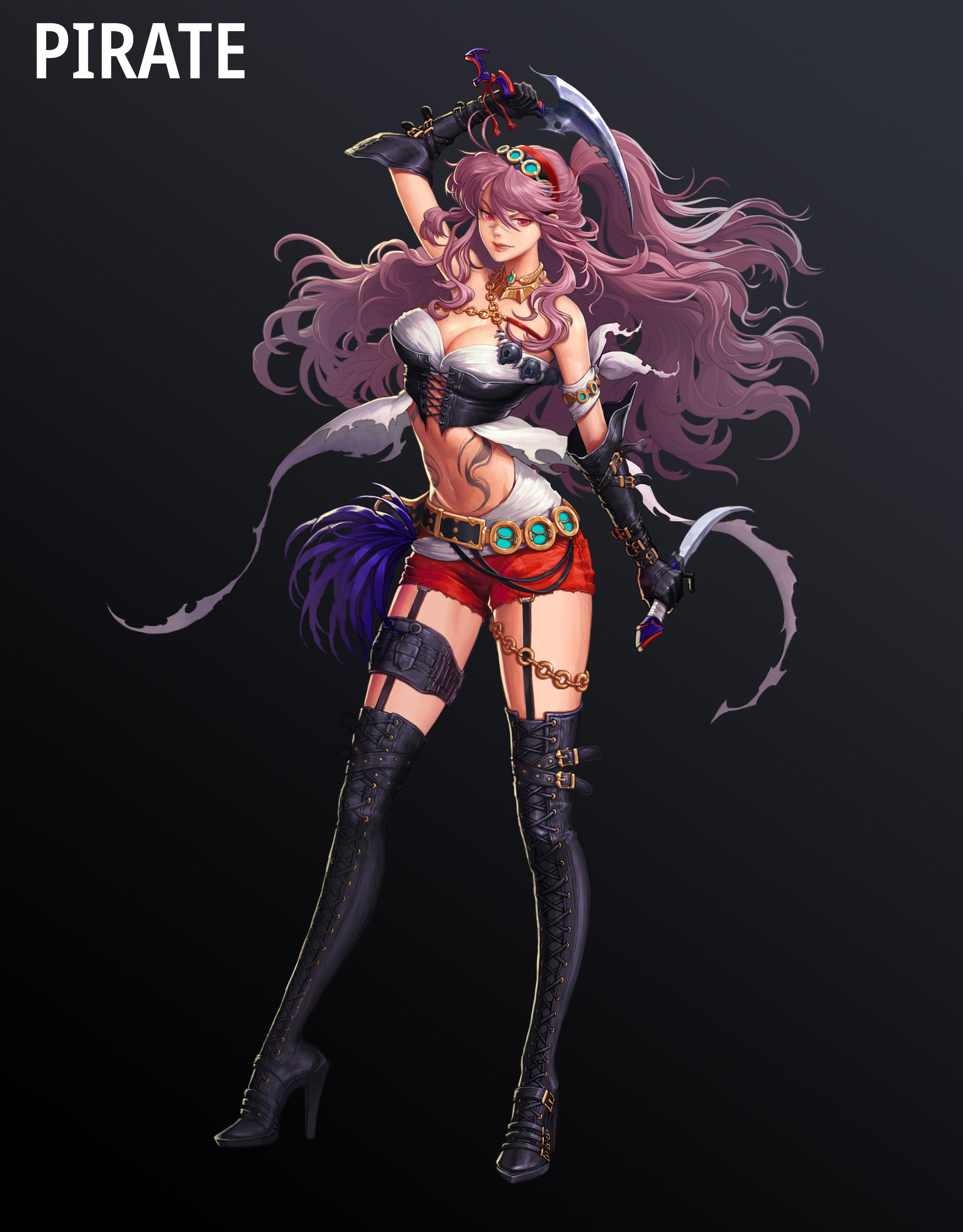 Minsook An Drawing Women Pink Hair Long Hair Wind Weapon Dagger Shorts Simple Background Pirates 1920x2458