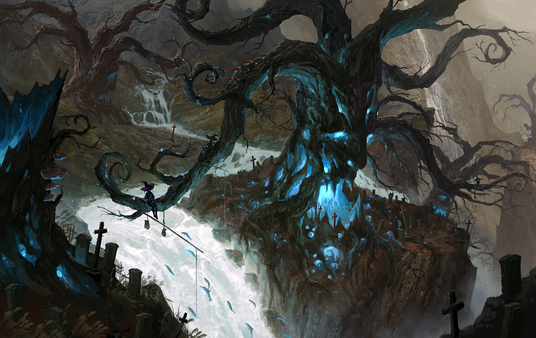 Avant Choi Digital Art Fantasy Art Fishing Witch Graveyards Trees Fish 1712x1080