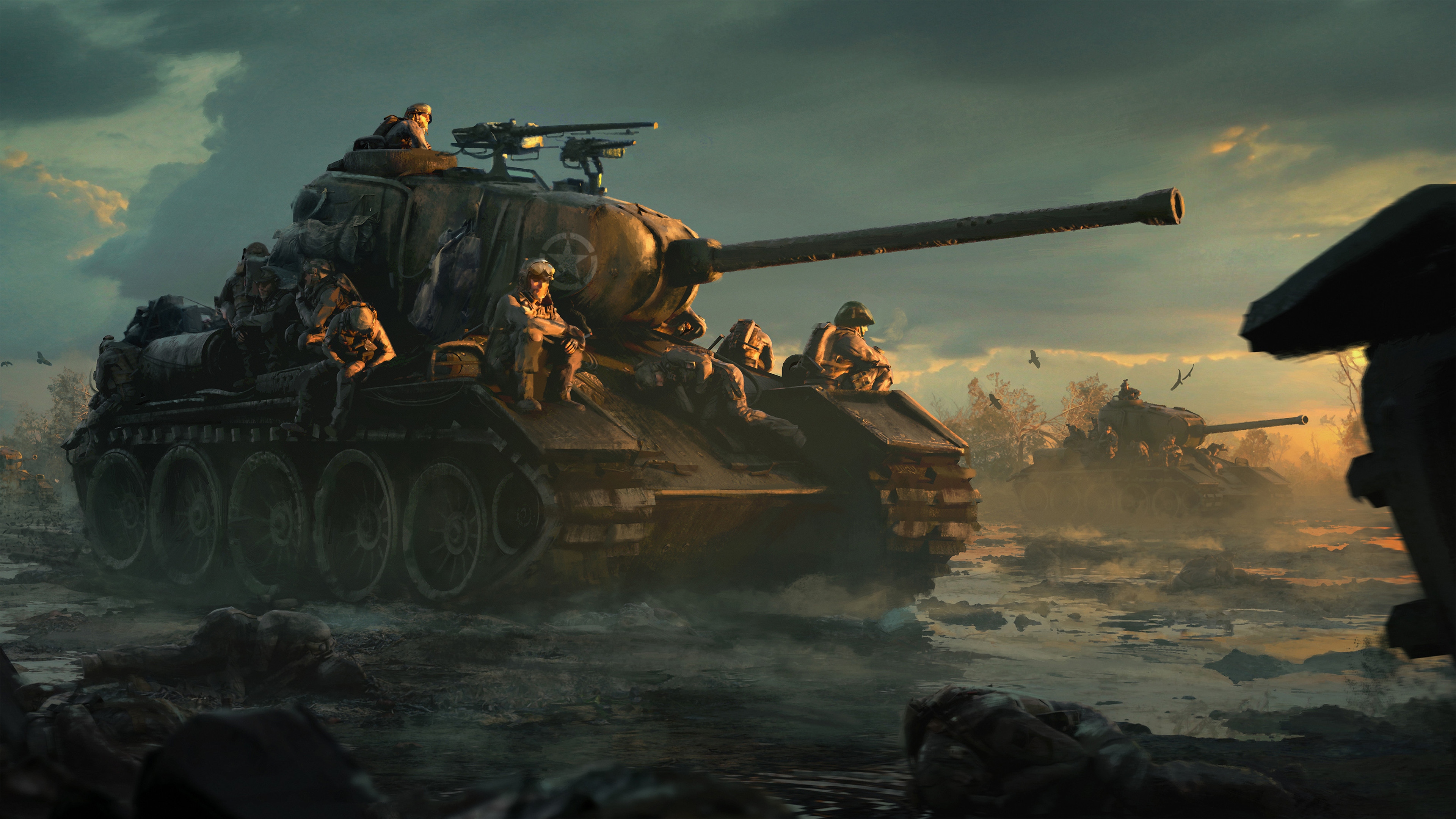Wojtek Fus Tank Soldier War Digital Art Sunset 3840x2160