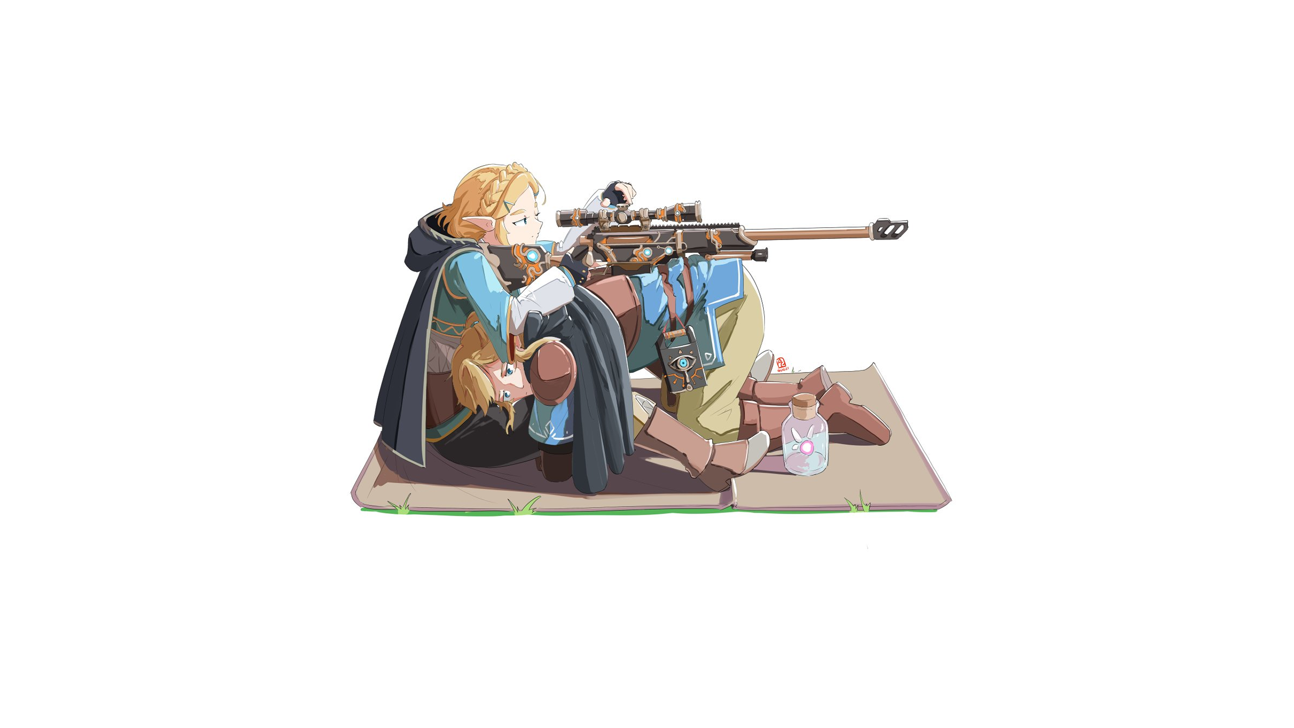 Zelda Link The Legend Of Zelda Sniper Rifle Gun Blonde Cloaks Blue Eyes Automatic Giraffe 2560x1440