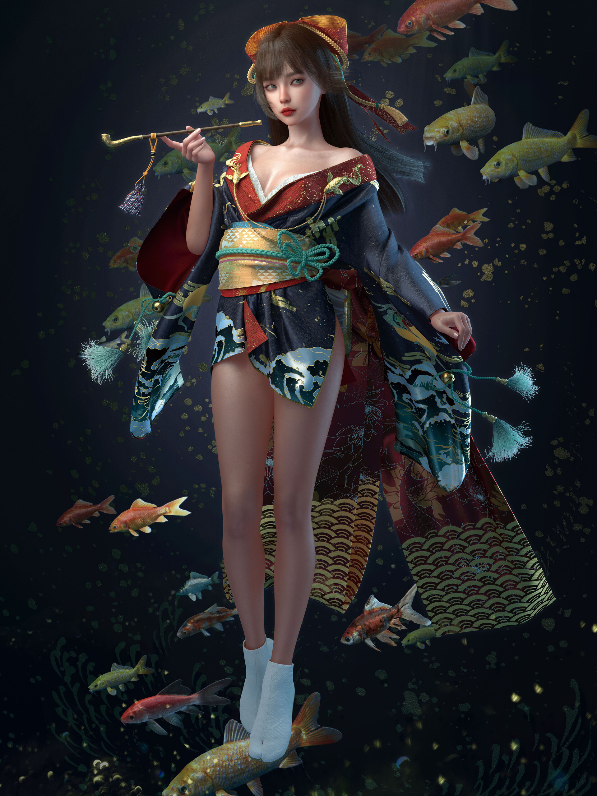 Yuan Yuan CGi Women Brunette Kimono Hair Accessories Ribbon Fish Koi Fish 1920x2560
