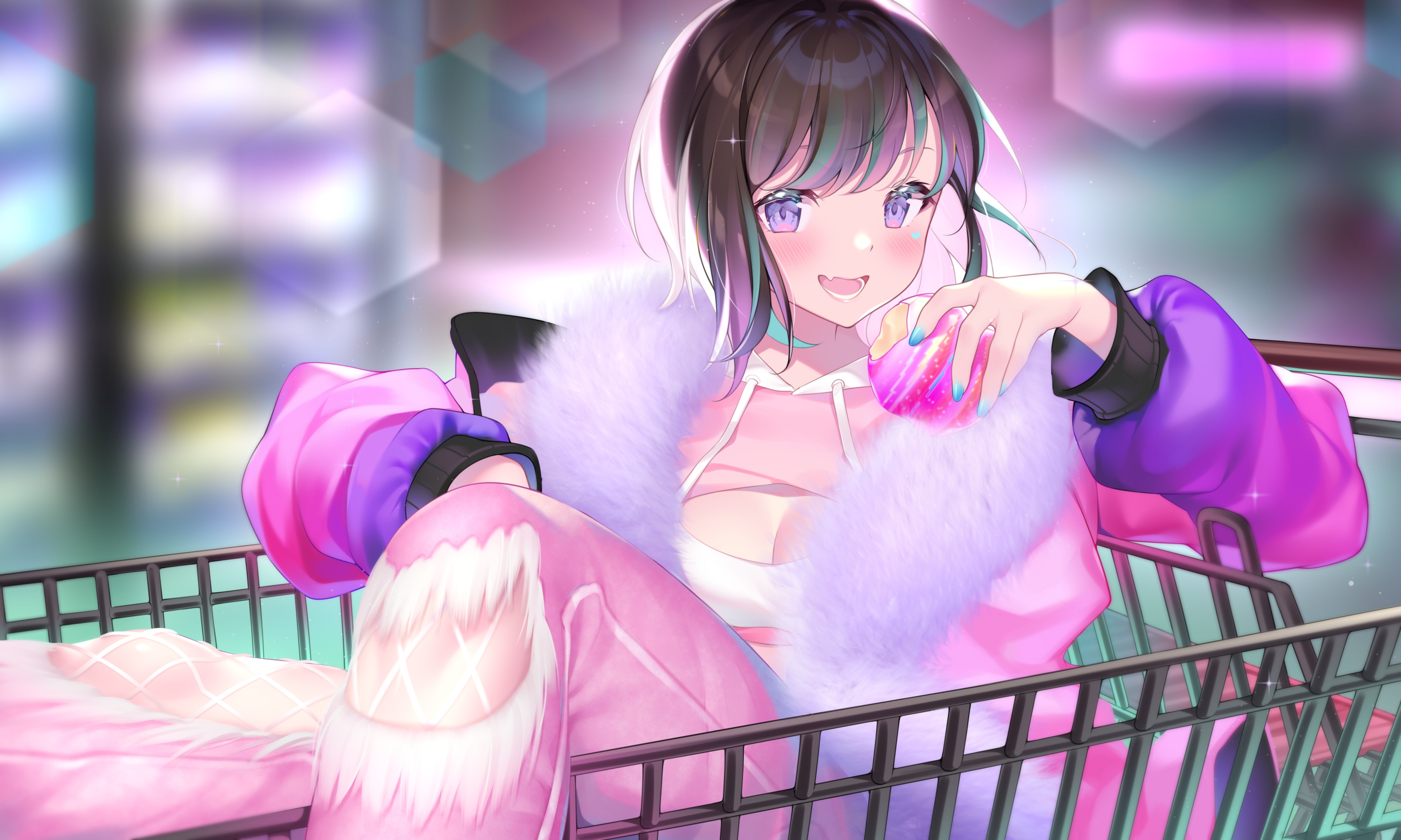 Anime Anime Girls Uosaasou Artwork Dark Hair Purple Eyes Shopping Cart 3500x2100