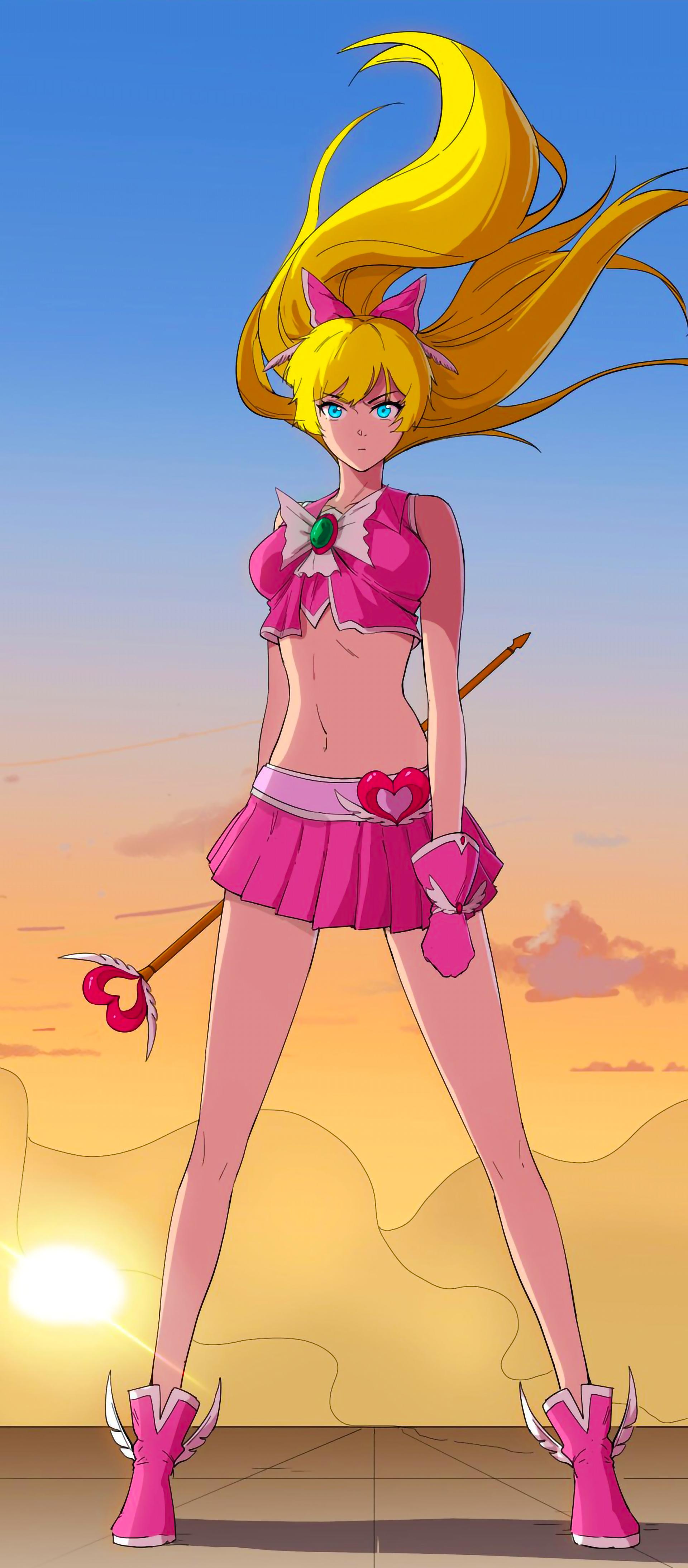Manga Webtoon Manhwa Long Hair Blue Eyes Costumes Superhero Pink Skirt Pink Shoes Staff Yellow Hair  1920x4378