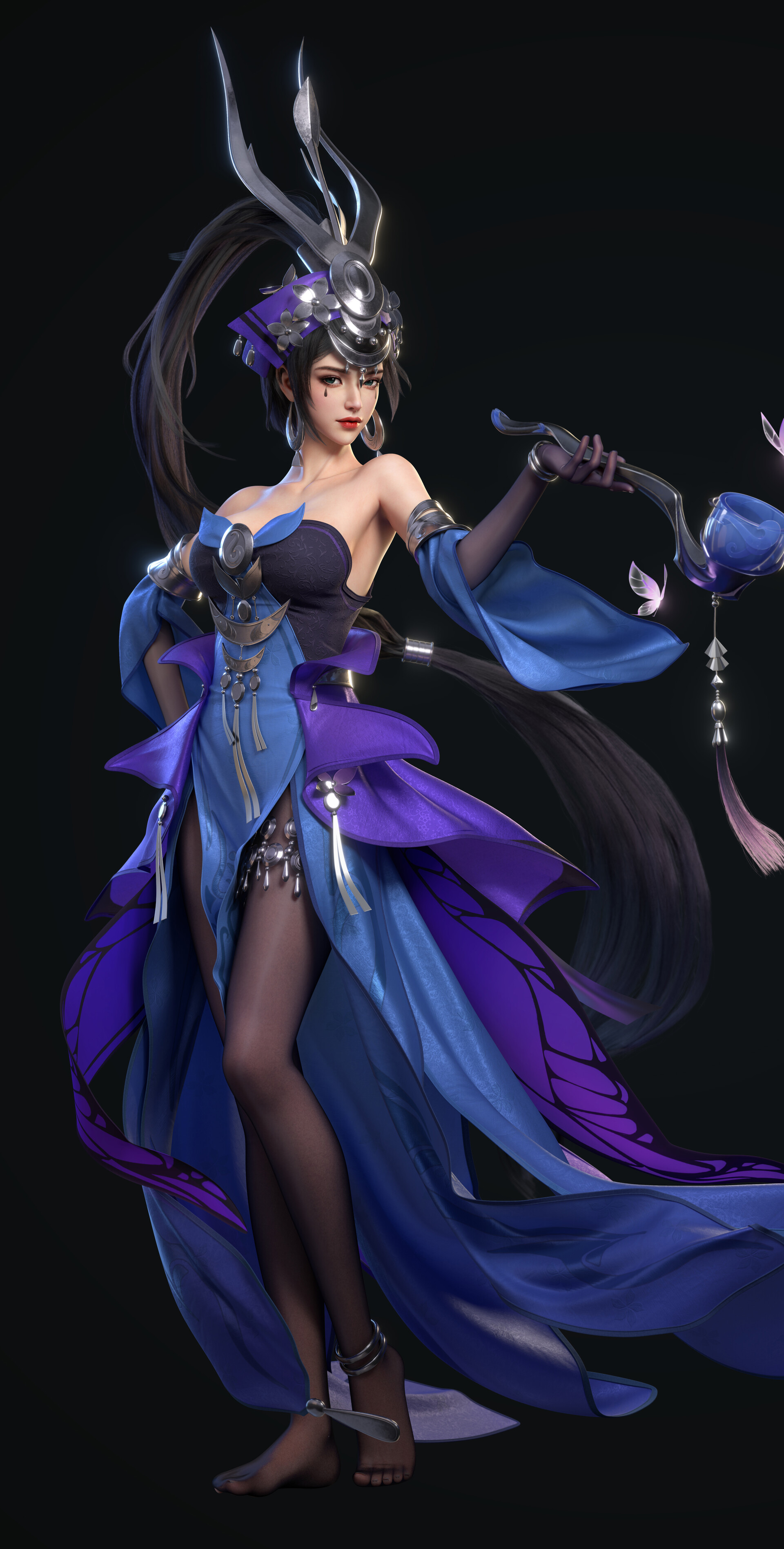 Yi Jiang CGi Women Dark Hair Long Hair Dress Blue Clothing Makeup Simple Background 1920x3792